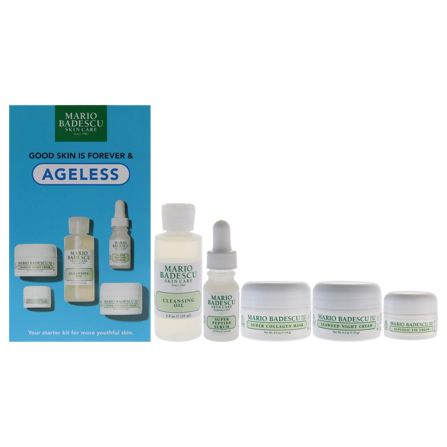 Good Skin Is Forever and Ageless by Mario Badescu for Women - 5 Pc 2oz Cleansing Oil, 0.3oz Super Peptide Serum, 0.5oz Super Collagen Mask, 0.5oz Seaweed Night Cream, 0.15oz Glycolic Eye Cream