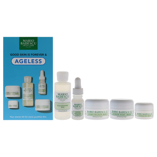 Good Skin Is Forever and Ageless by Mario Badescu for Women - 5 Pc 2oz Cleansing Oil, 0.3oz Super Peptide Serum, 0.5oz Super Collagen Mask, 0.5oz Seaweed Night Cream, 0.15oz Glycolic Eye Cream