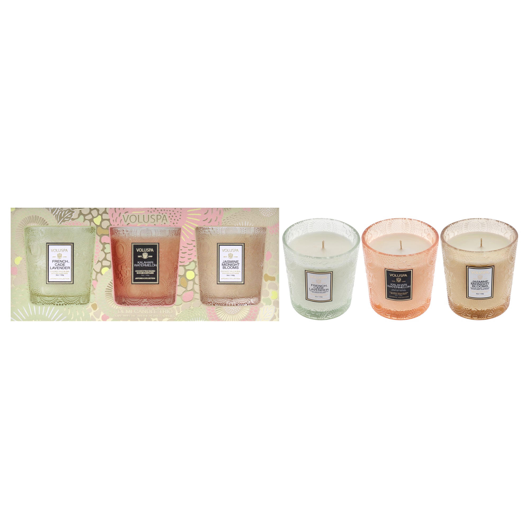 Japonica Collection - Home Refresh Demi Candle Set by Voluspa for Unisex - 3 Pc 5oz French Cade Lavender Candle, 5oz Kalahari Watermelon Candle, 5oz Jasmine Midnight Blooms Candle
