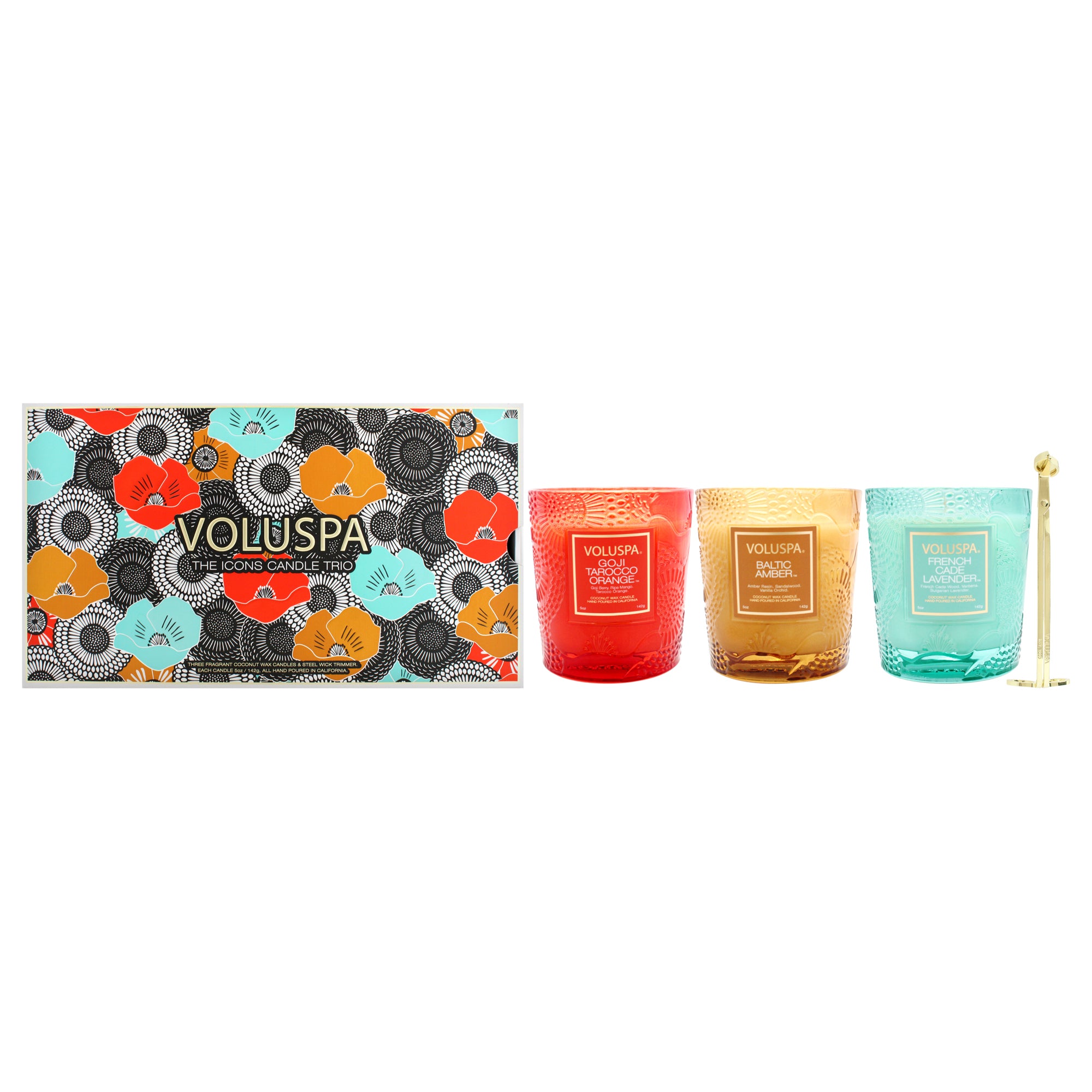 Japonica Collection - The Icons Candle Trio by Voluspa for Unisex - 4 Pc 5oz Baltic Amber Candle, 5oz French Cade Lavender Candle, 5oz Goji Tarocco Orange Candle, Wick Trimmer - Gold