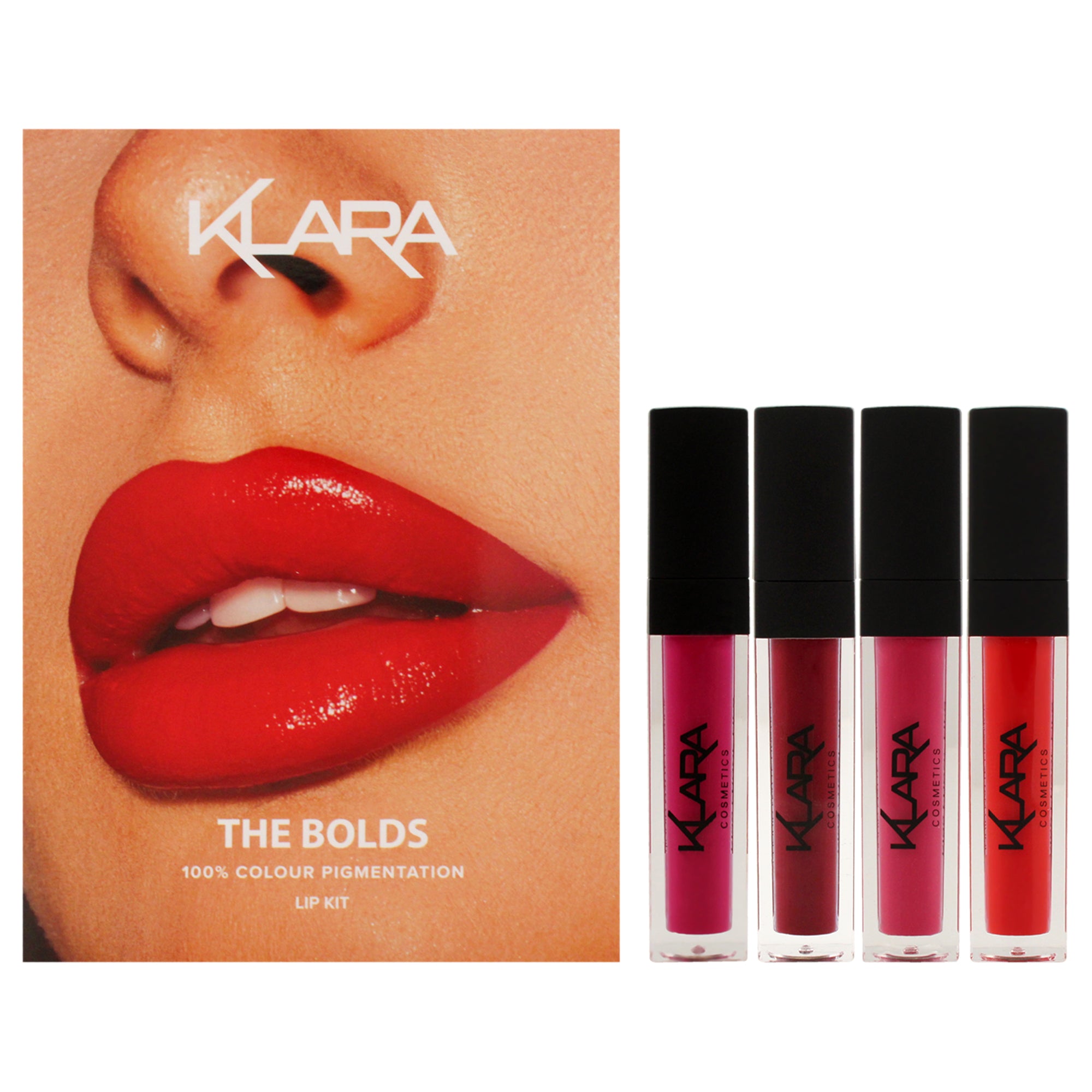 The Bolds Lip kit by Klara for Women - 4 Pc 0.27oz Kiss Proof Liquid Matte Lipstick - 16 Sexy Marsala, 0.27oz Kiss Proof Liquid Matte Lipstick- 8 Fuschia Pop, 0.27oz Kiss Proof Liquid Matte Lipstick - 10 Magenta, 0.27oz Kiss Proof Liquid Matte Lipstick- 5 Flaming Red