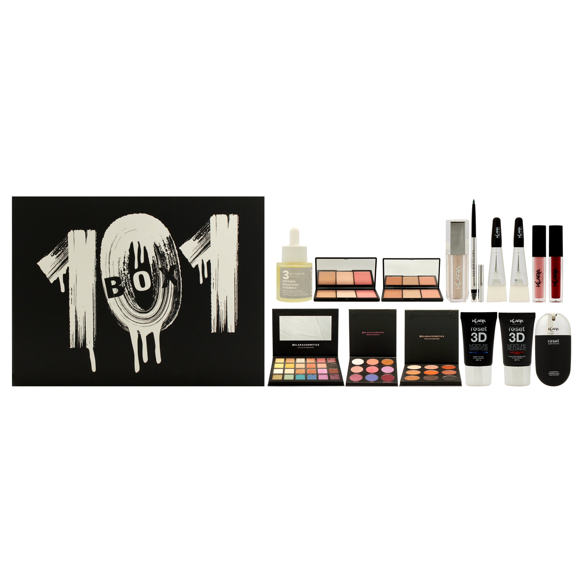 101 Box Set by Klara for Women - 17 Pc 2.5oz 24 Eyeshadow Palette - Marrakech, 0.38oz Pro Eyeshadow Palette - N.02, 0.38oz Pro Eyeshadow Palette - N.04, 0.008oz Gel Glide On Eyeliner - Green Metalic, Gel Glide On Eyeliner, 0.35oz All-In-One Palette -