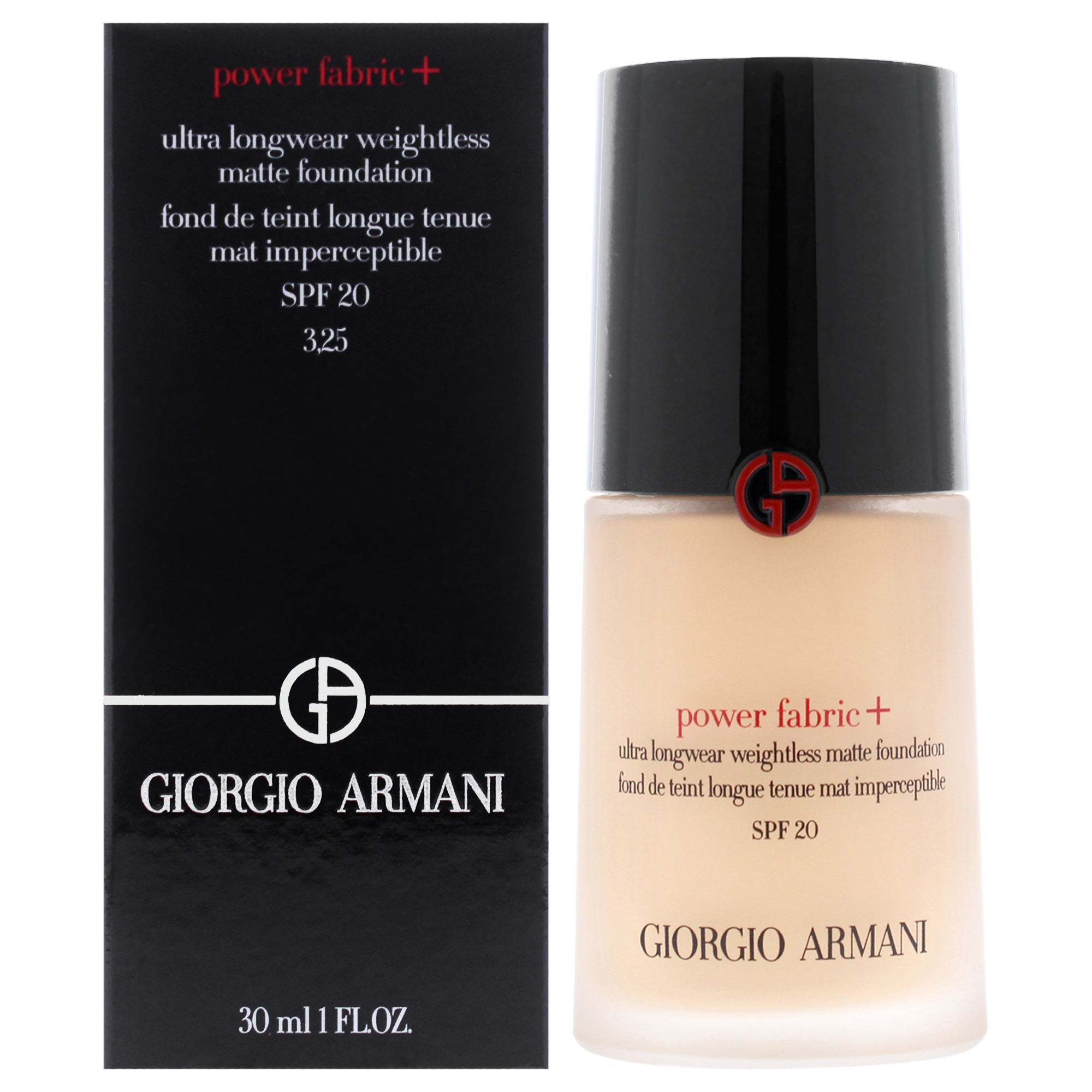 Power Fabric Plus Longwear Weightless Matte Foundation SPF 20 - 3.25 Light With Gold by Giorgio Armani for Women - 1 oz Foundation
