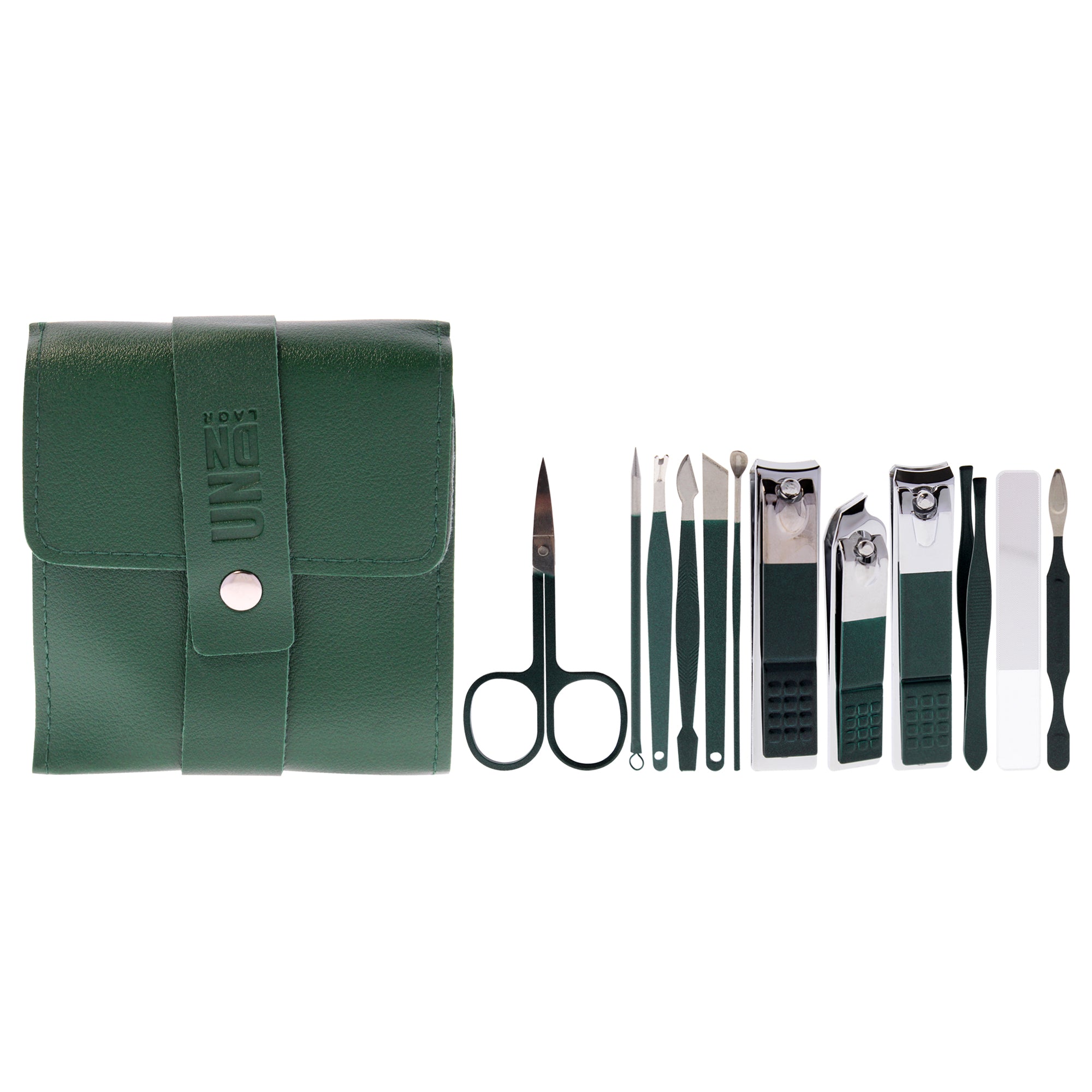 Manicure Set - Dark Green by UNDN for Women - 12 Pc Micro Scissors, 3Pc Clippers, Glass File, Tweezers, 1Pc Looped Lancet, Ear Cleaner, Small Nail Cleaner, Large Nail Cleaner, Cuticle Remover, Pedicure Knife