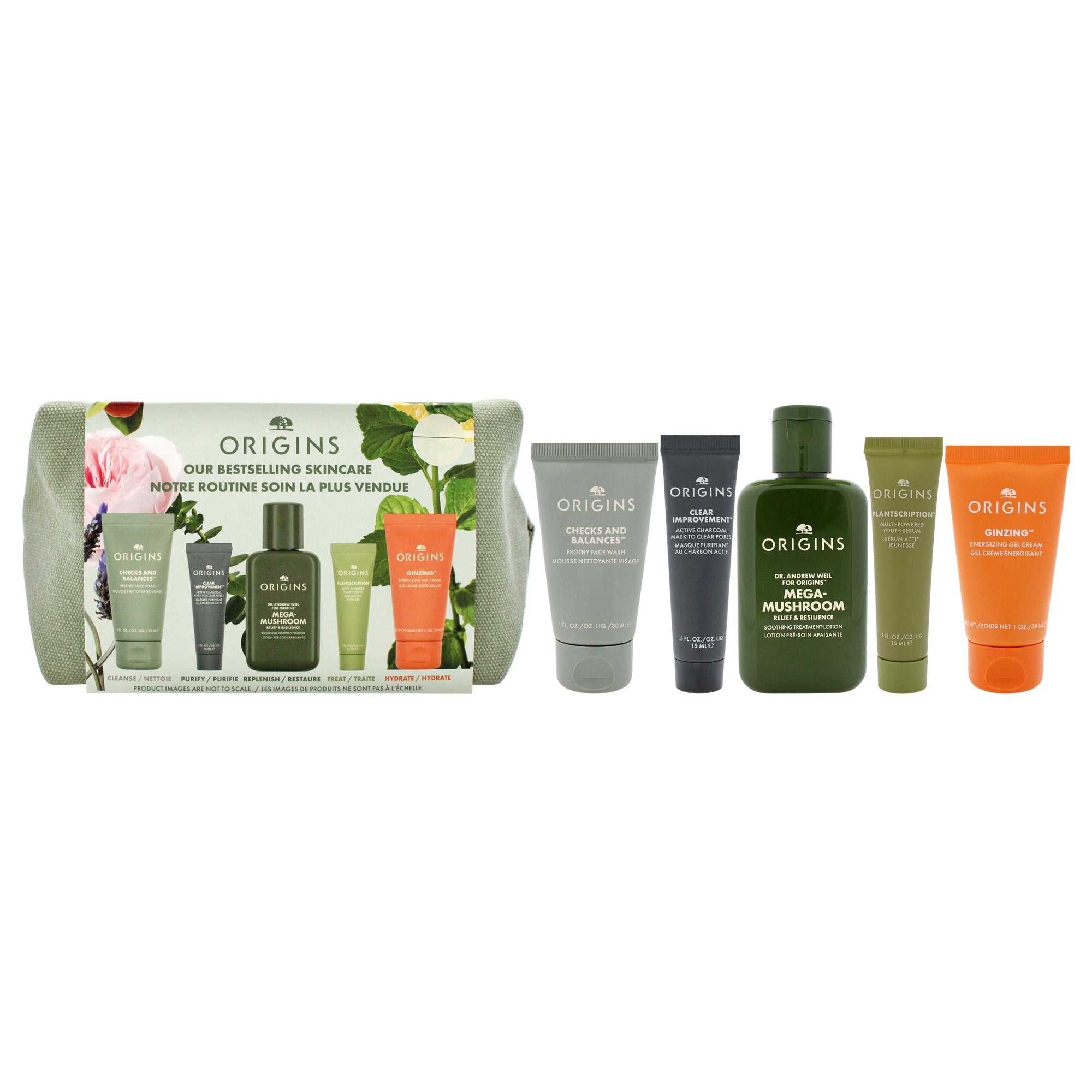 Origins Best Sellers Set by Origins for Women - 5 Pc 1oz Checks and Balances Frothy Face Wash, 3.8oz Mega Mushroom Relief and Resilience Soothing Treatment Lotion, 0.5oz Clear Improvement Active Charcoal Face Mask,1.62oz Plantscription Multi-Powered