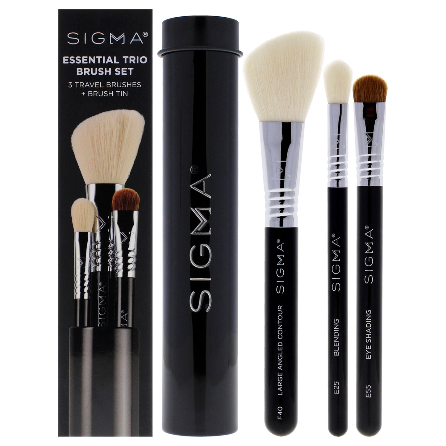Essential Brush Set - Black by SIGMA for Women - 4 Pc Eye Shading Brush - E55, Large Angled Contour Brush - F40, Blending Brush - E25, Brush Tin