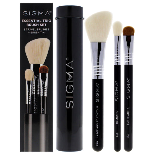 Essential Brush Set - Black by SIGMA for Women - 4 Pc Eye Shading Brush - E55, Large Angled Contour Brush - F40, Blending Brush - E25, Brush Tin