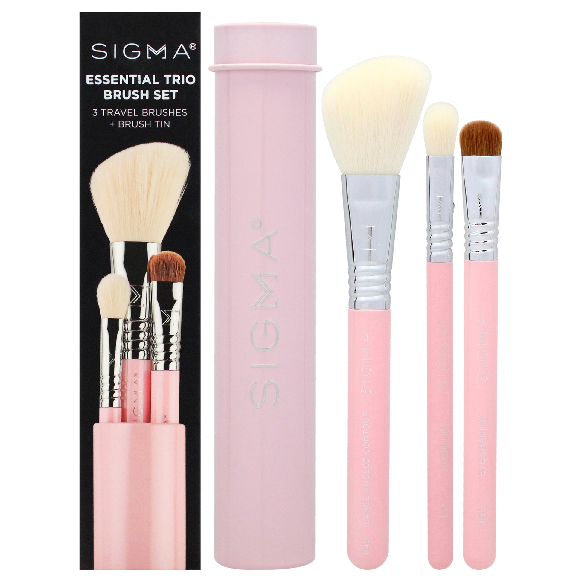 Essential Brush Set - Pink by SIGMA for Women - 4 Pc Eye Shading Brush - E55, Large Angled Contour Brush - F40, Blending Brush - E25, Brush Tin