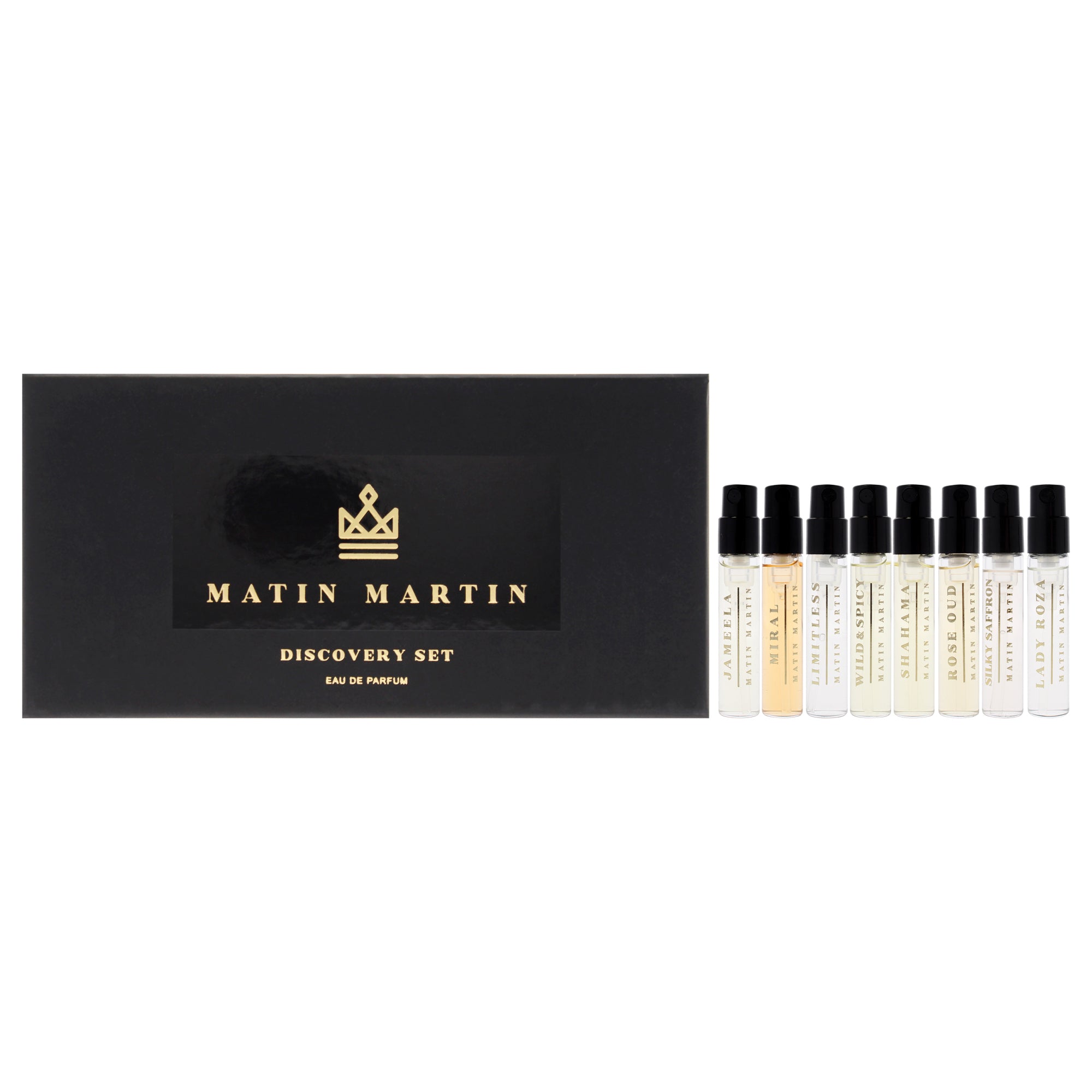 Discovery Set by Matin Martin for Unisex - 8 Pc Mini Gift Set 0.07oz Wild and Spicy EDP Spray, 0.07oz Miral EDP Spray, 0.07oz Silky Saffron EDP Spray, 0.07oz Limitless EDP Spray, 0.07oz Shahama EDP Spray, 0.07oz Jameela EDP Spray, 0.07oz Rose Oud EDP