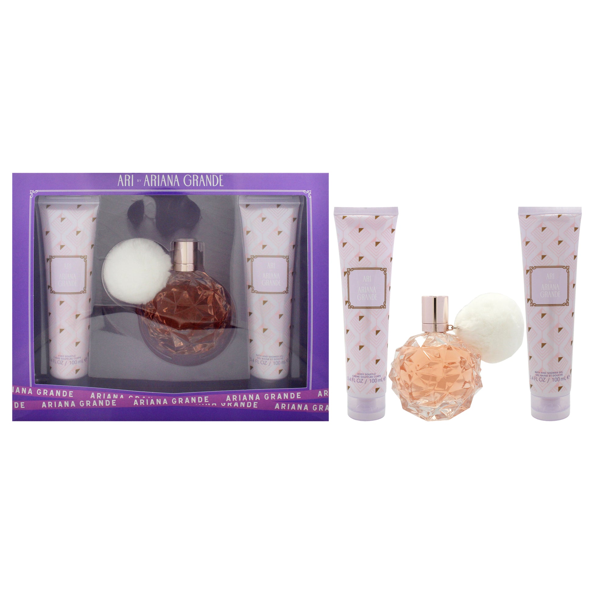 Ari by Ariana Grande for Women - 3 Pc Gift Set 3.4oz EDP Spray, 3.4oz Bath and Shower Gel, 3.4oz Body Souffle