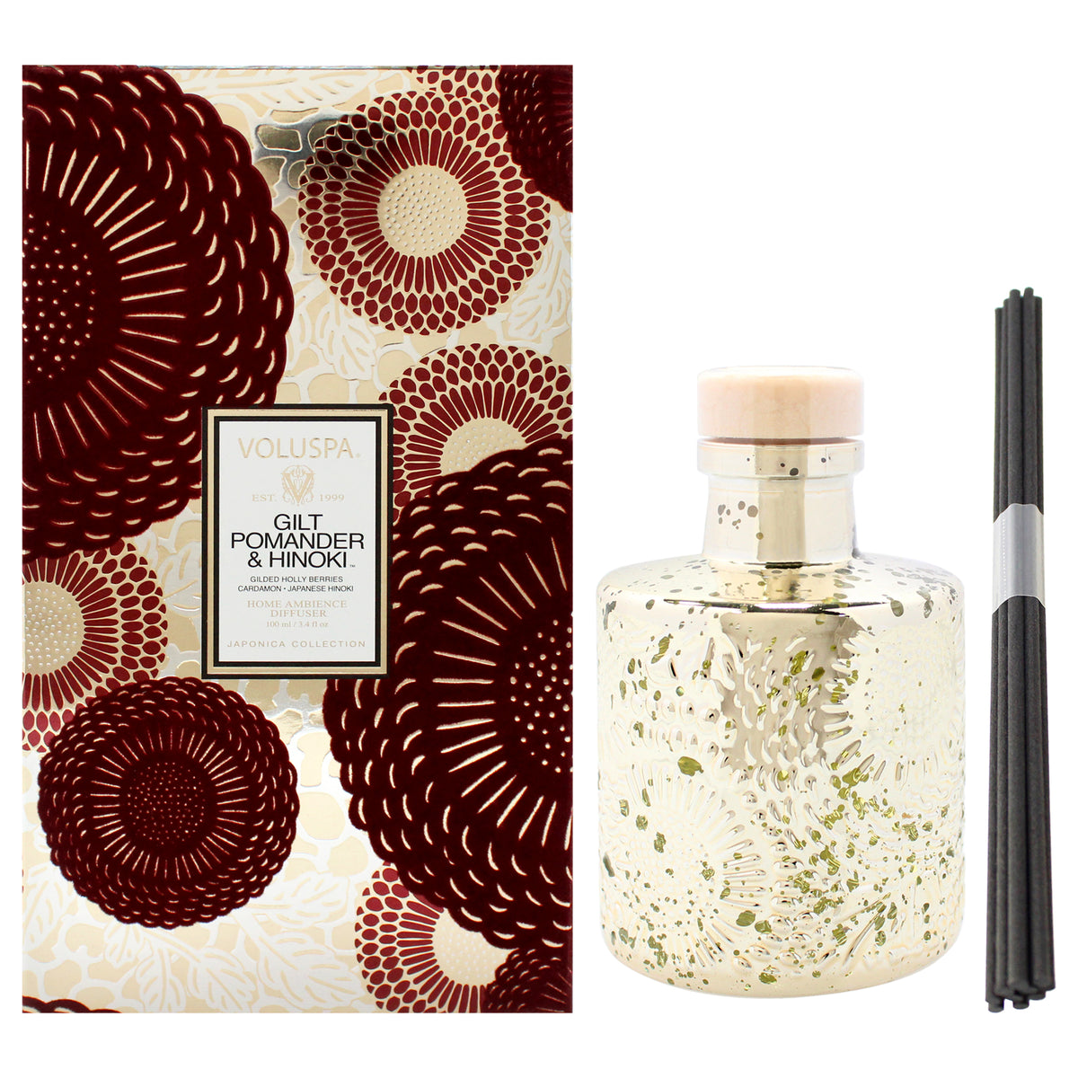 Japonica Collection - Gilt Pomander and Hinoki Reed Diffuser by Voluspa for Unisex - 3.4 oz Reed Diffuser