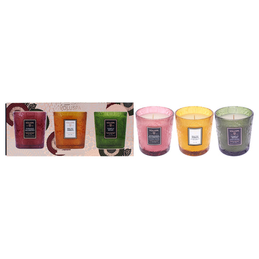 Japonica Collection Demi Candle Trio by Voluspa for Unisex - 3 Pc 5oz Foraged Wildberry Candle, 5oz Baltic Amber Candle, 5oz Temple Moss Candle