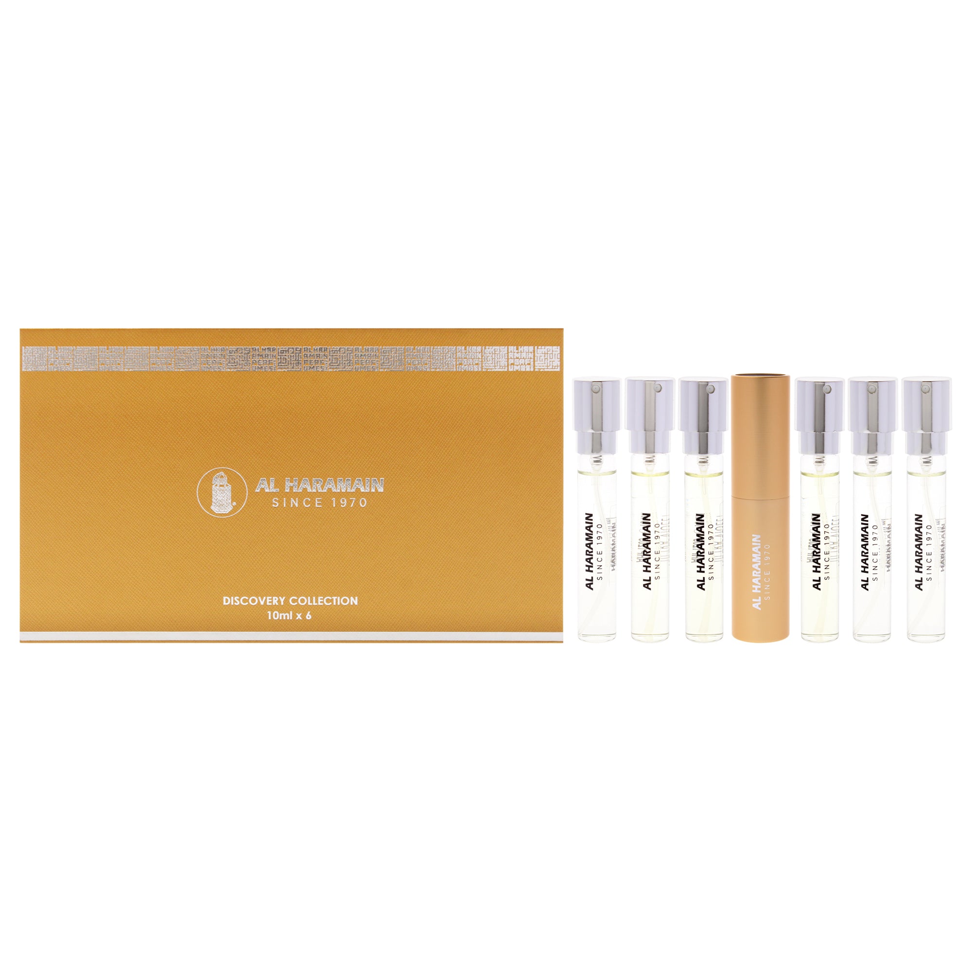 Discovery Collection - Amber Oud by Al Haramain for Unisex - 6 Pc Mini Gift Set 0.33oz Amber Oud - Gold Edition EDP Spray (Mini), 0.33oz Amber Oud - Ultra Violet EDP Spray (Mini), 0.33oz Amber Oud - Ruby Edition EDP Spray (Mini), 0.33oz Amber Oud - Carbon Edition EDP Spray (Mini), 0.33oz Amber Oud - Blue Edition EDP Spray (Mini), 0.33oz Amber Oud - White Edition EDP Spray (Mini), Perfume Atomiser