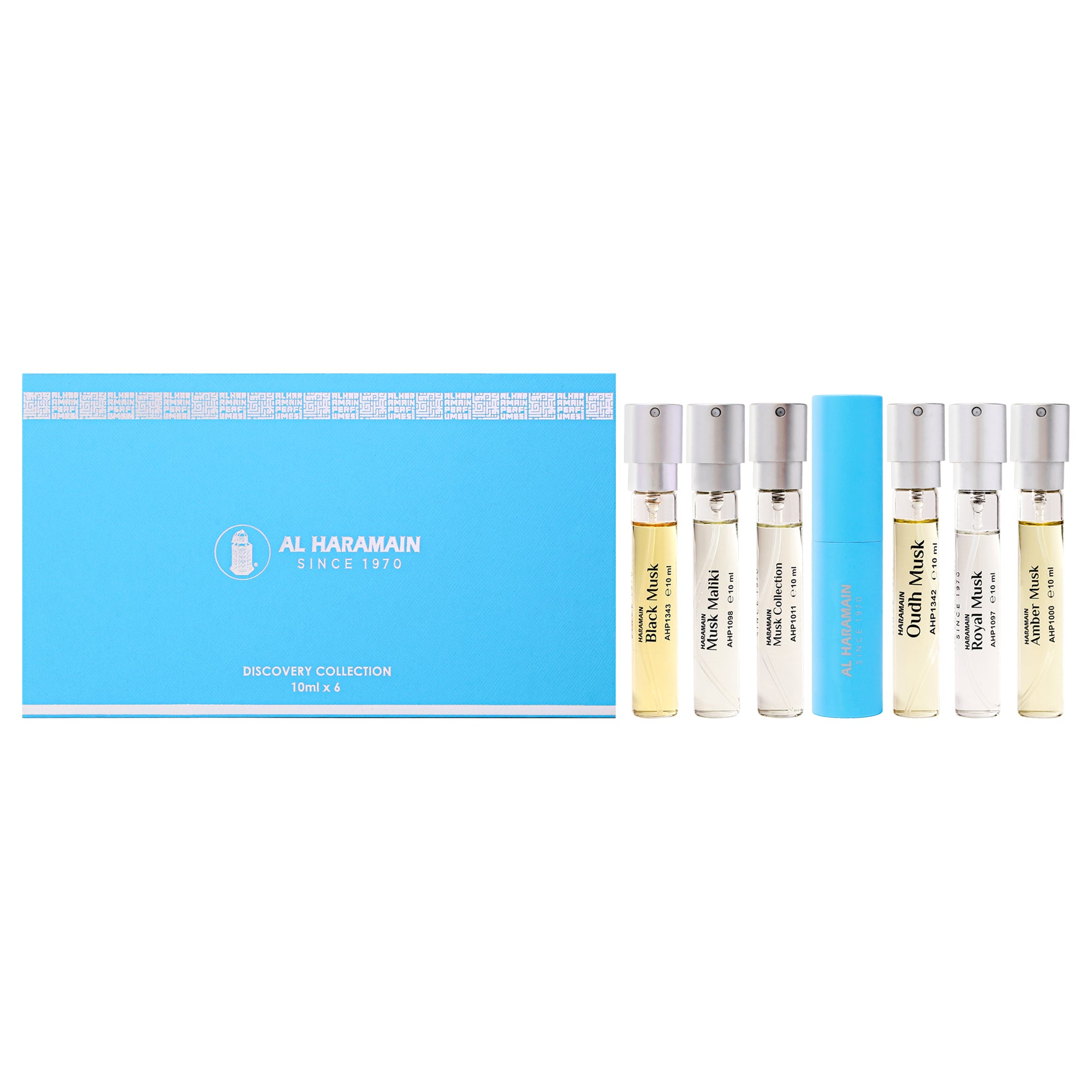 Discovery Collection - Musk Series by Al Haramain for Unisex - 6 Pc Mini Gift Set 0.33oz Amber Musk EDP Spray (Mini), 0.33oz Royal Musk EDP Spray (Mini), 0.33oz Oudh Musk EDP Spray (Mini), 0.33oz Musk collection EDP Spray (Mini), 0.33oz Musk Maliki EDP Spray (Mini), 0.33oz Black Musk EDP Spray (Mini), Perfume Atomiser