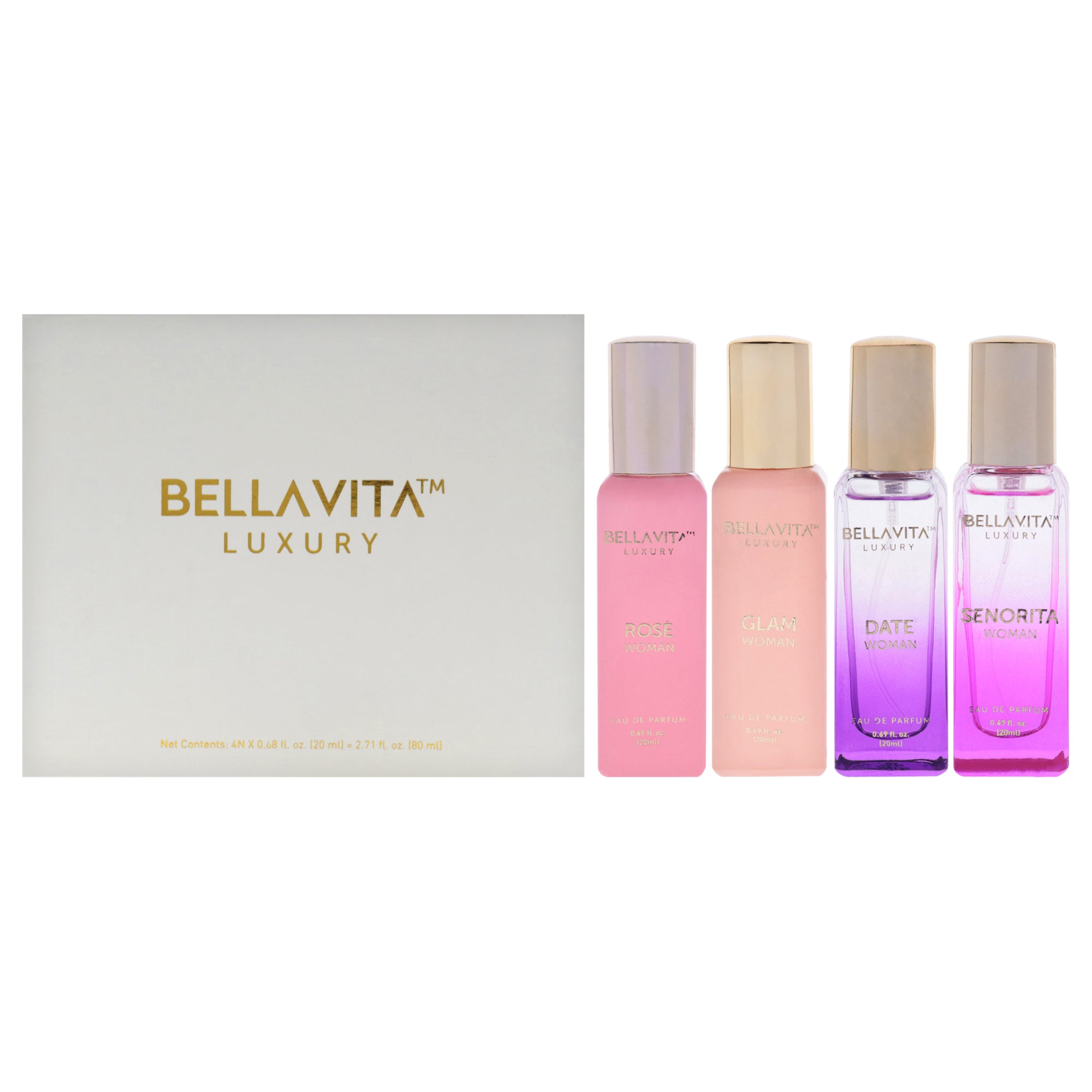 Luxury Perfume Gift Set by Bellavita for Women - 4 Pc Gift Set 0.68oz Rose EDP Spray, 0.68oz Glam EDP Spray, 0.68oz Date EDP Spray, 0.68oz Senorita EDP Spray