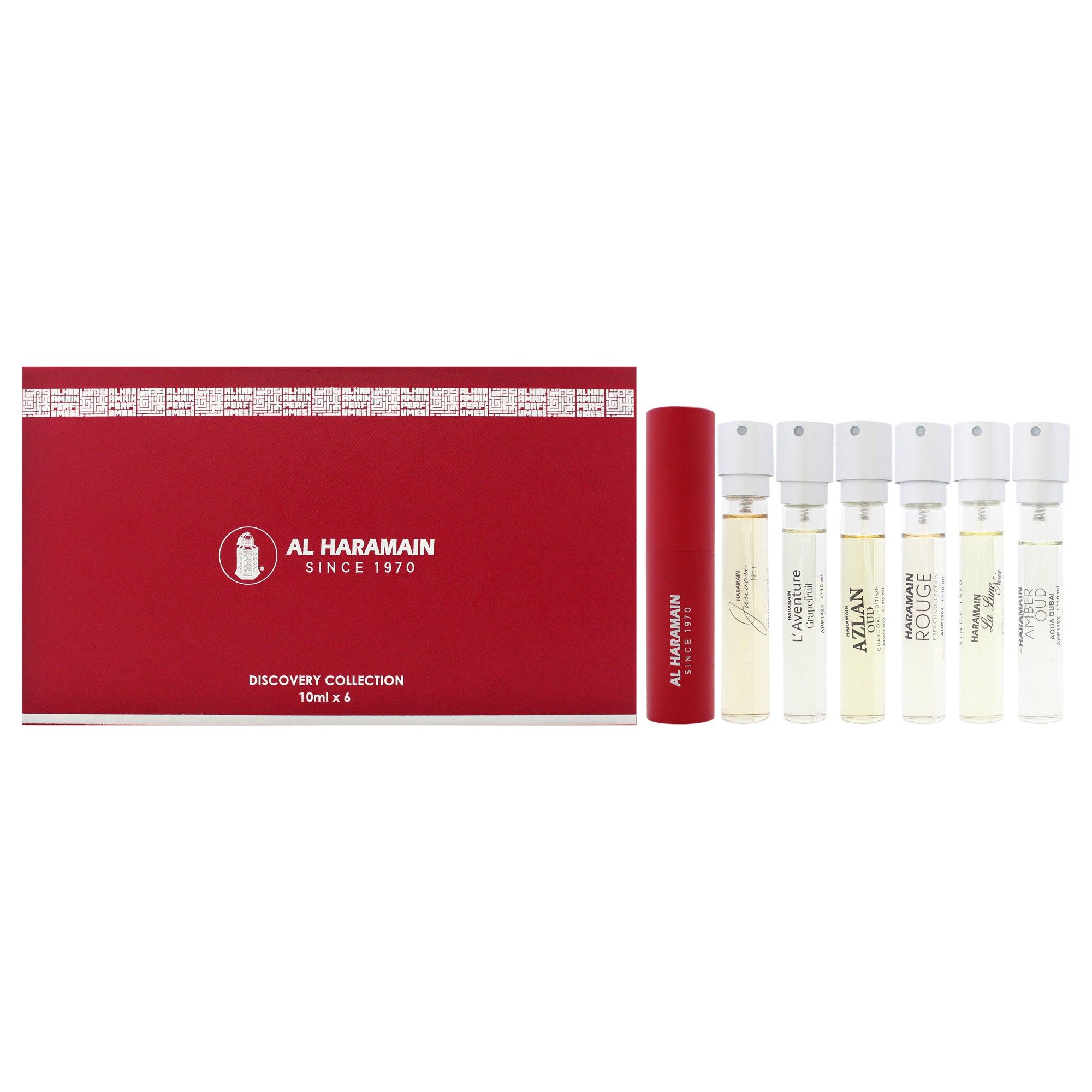 Discovery Special Collection by Al Haramain for Unisex - 6 Pc Mini Gift Set 0.33oz Azlan Oud - Amber Edition EDP Spray Vial (Mini), 0.33oz Junoon Noir EDP Spray Vial (Mini), 0.33oz La Lune Noir EDP Spray Vial (Mini), 0.33oz LAventure Grapefruit Extrait De Parfum Spray Vial (Mini), 0.33oz Amber Oud - Aqua Dubai Extrait De Parfum Spray Vial (Mini), 0.33oz Azure French Collection EDP Spray Vial (Mini)