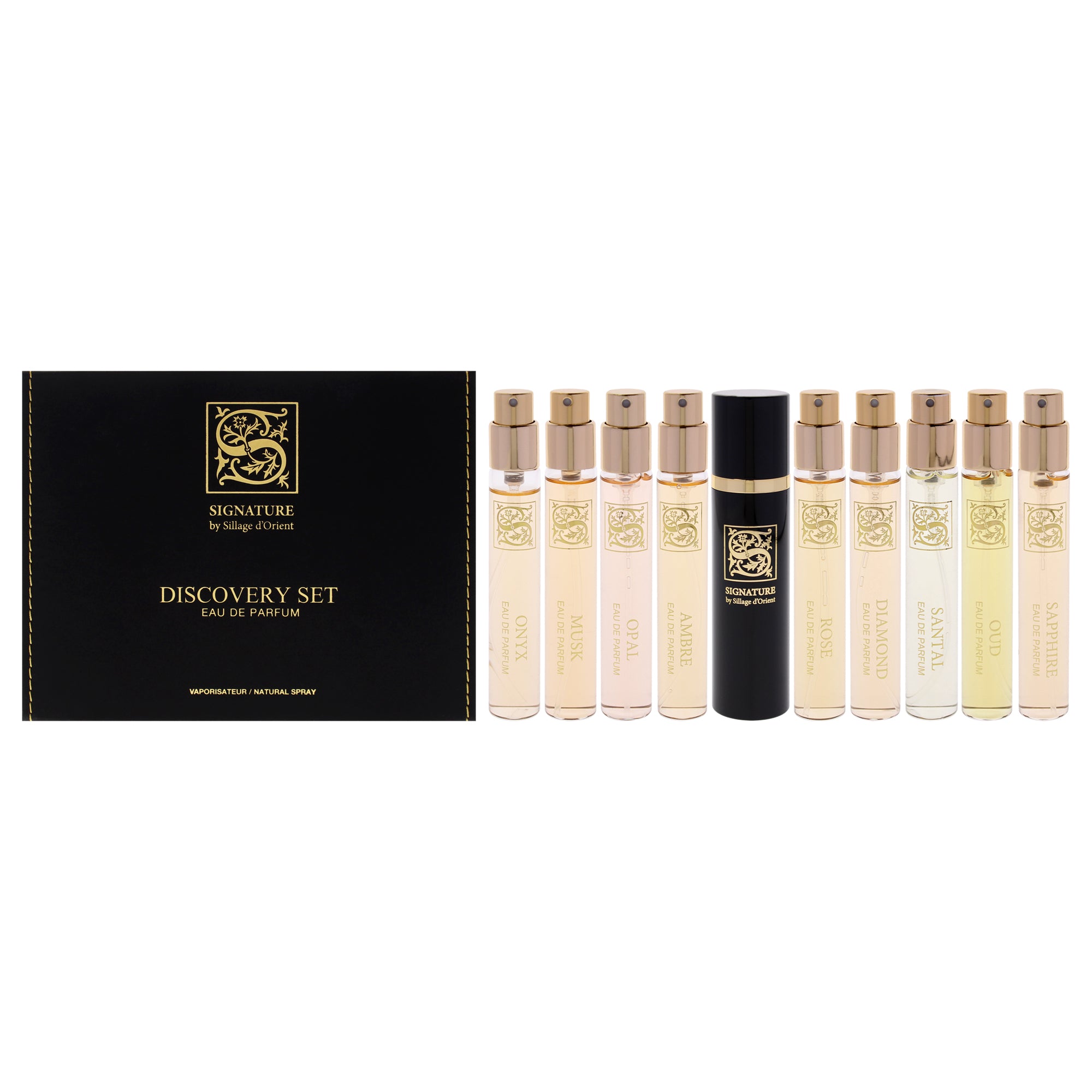 Signature Discovery Set by Sillage dOrient for Women - 10 Pc Mini Gift Set 0.34oz Sandal EDP Spray Vial (Mini), 0.34oz Saphire EDP Spray Vial (Mini), 0.34oz Musk EDP Spray Vial (Mini), 0.34oz Rose EDP Spray Vial (Mini), 0.34oz Oud EDP Spray Vial (Min