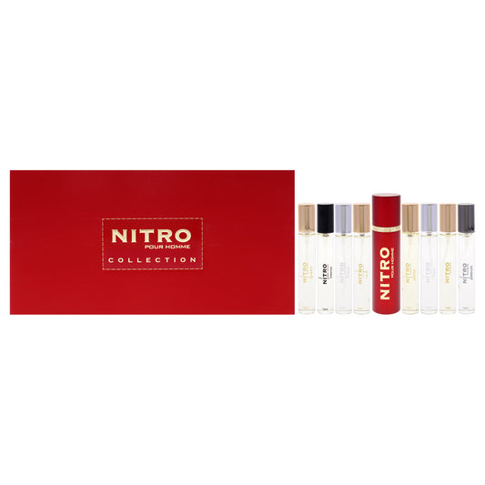 Nitro - Collection by Dumont for Men - 9 Pc Mini Gift Set 0.34oz Black EDP Spray, 0.34oz Green EDP Spray, 0.34oz Intense EDP Spray, 0.34oz Platinum EDP Spray, 0.34oz Red EDP Spray, 0.34oz White EDP Spray, 0.34oz Blue EDP Spray, 0.34oz Nitro Pour Homm