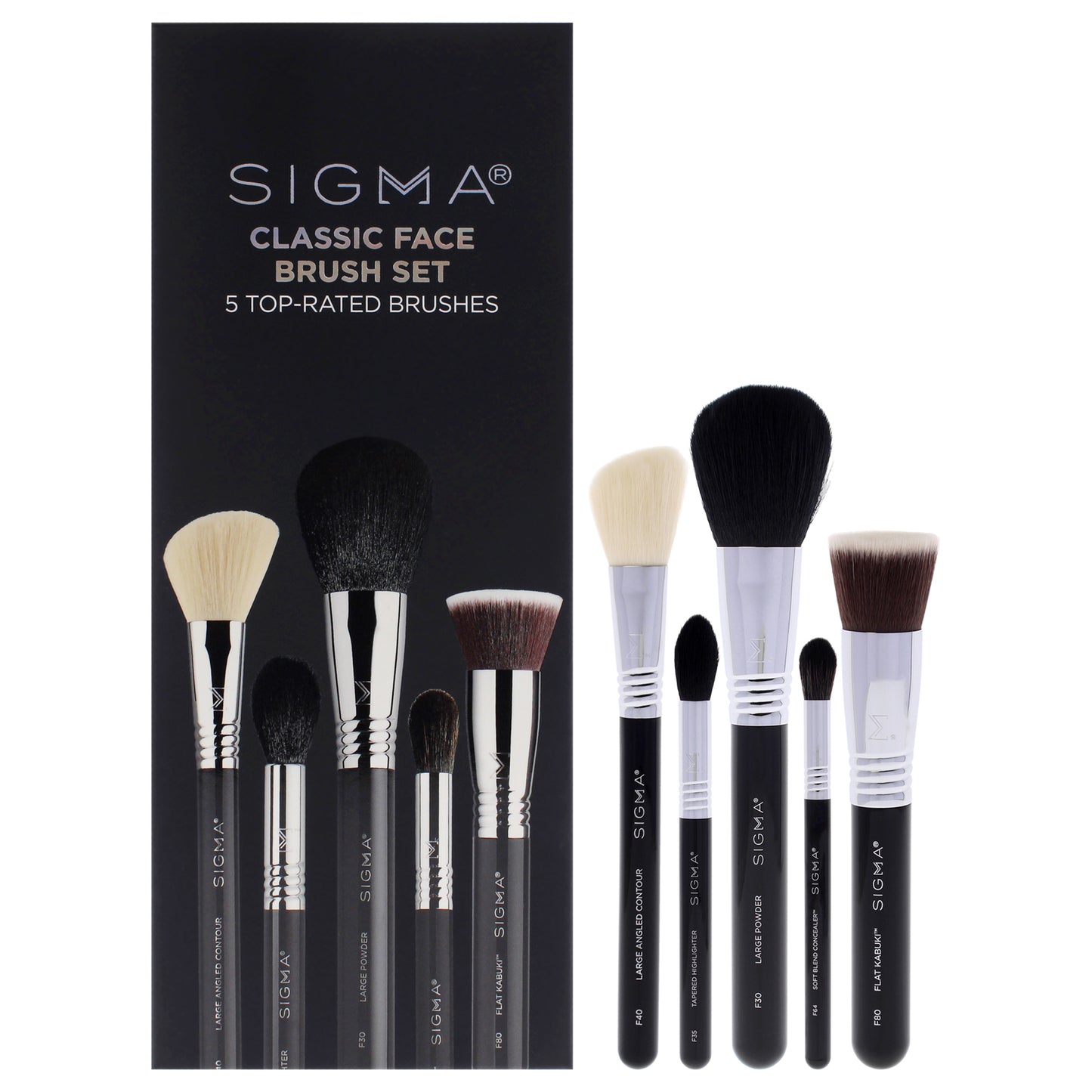 Classic Face Brush Set by SIGMA for Women - 5 Pc Large Powder Brush - F30, Flat Kabuki Brush - F80, Large Angled Contour Brush - F40, Tapered Highlighter Brush - F35, Soft Blend Concealer Brush - F64