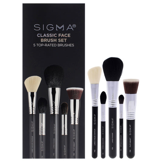 Classic Face Brush Set by SIGMA for Women - 5 Pc Large Powder Brush - F30, Flat Kabuki Brush - F80, Large Angled Contour Brush - F40, Tapered Highlighter Brush - F35, Soft Blend Concealer Brush - F64