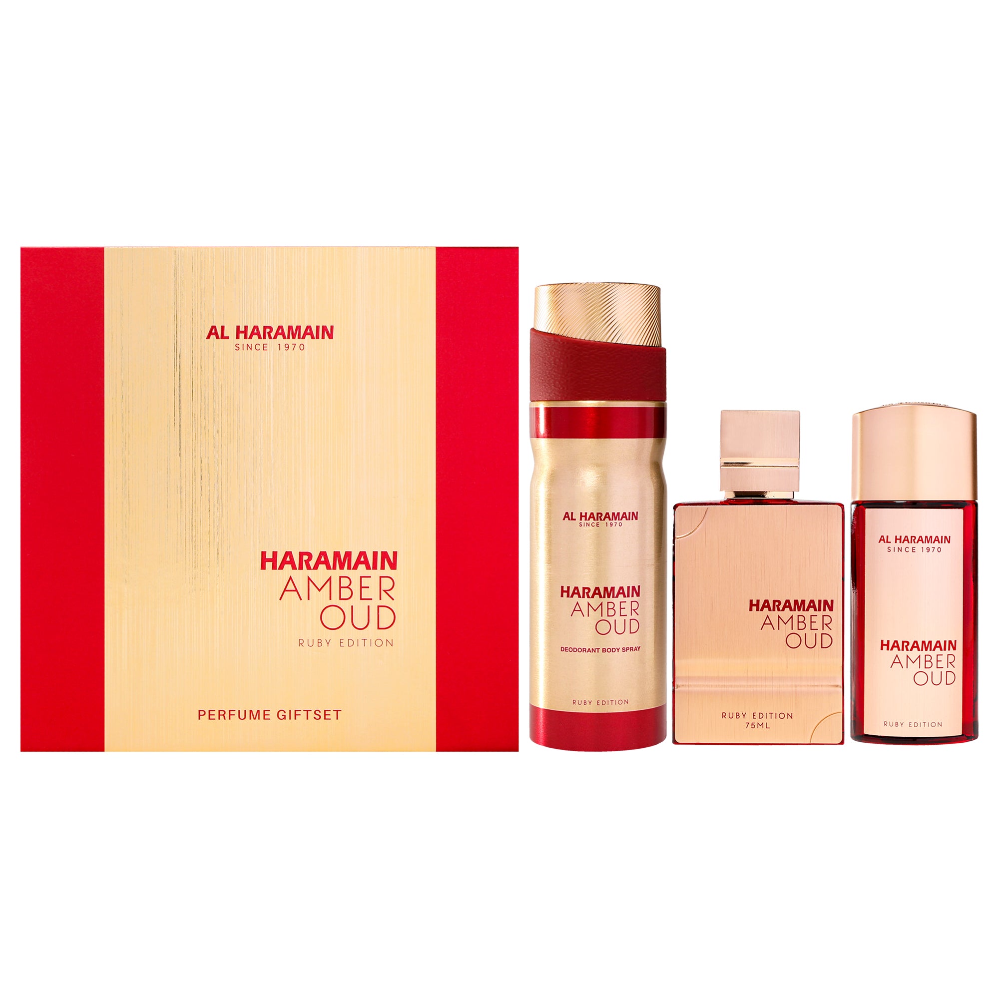 Amber Oud - Ruby Edition by Al Haramain for Unisex - 3 Pc Gift Set 2.5oz EDP Spray, 1oz EDP Spray, 6.6oz Body Spray