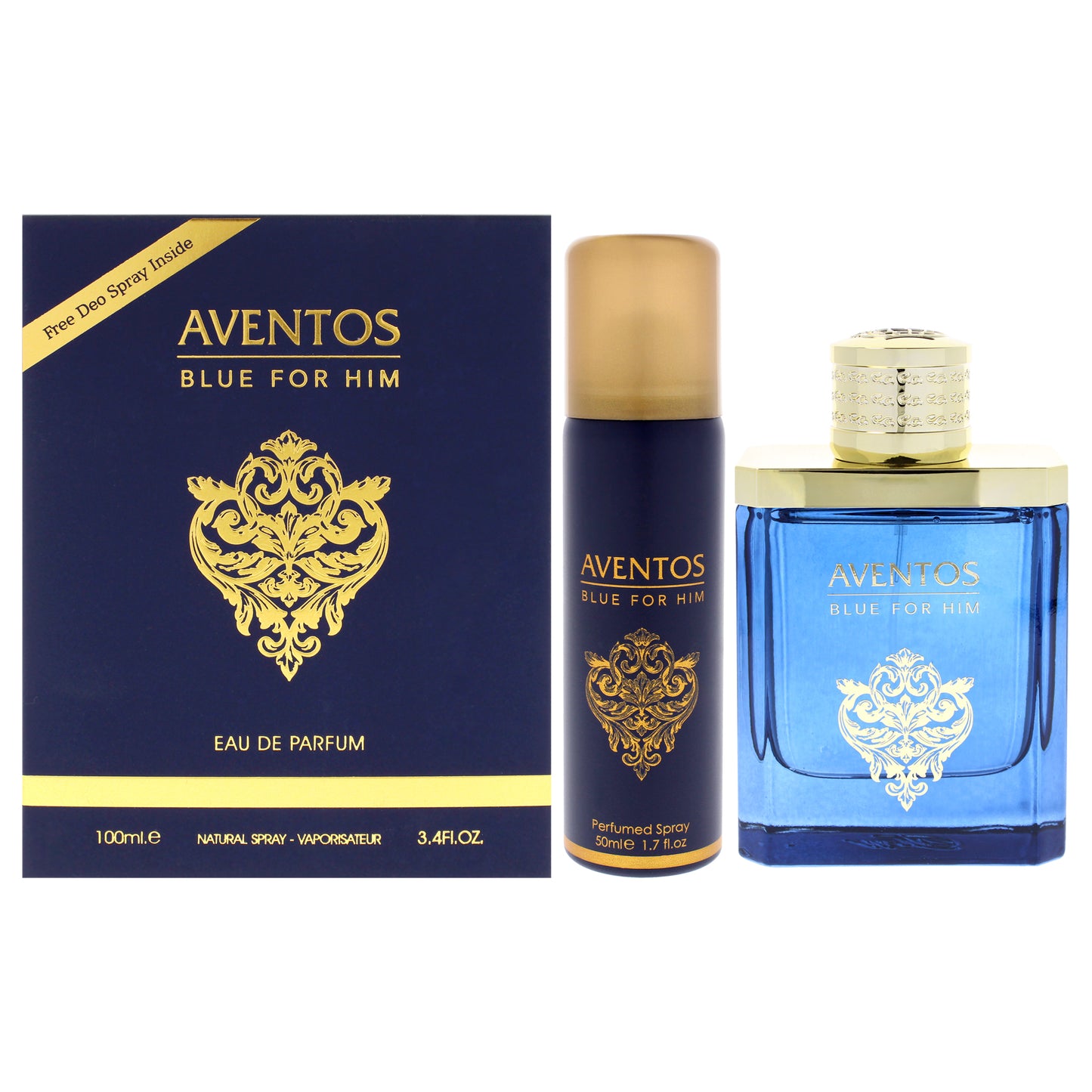 Aventos Blue by Fragrance World for Men - 2 Pc Gift Set 3.4oz EDP Spray, 1.7oz Body Spray