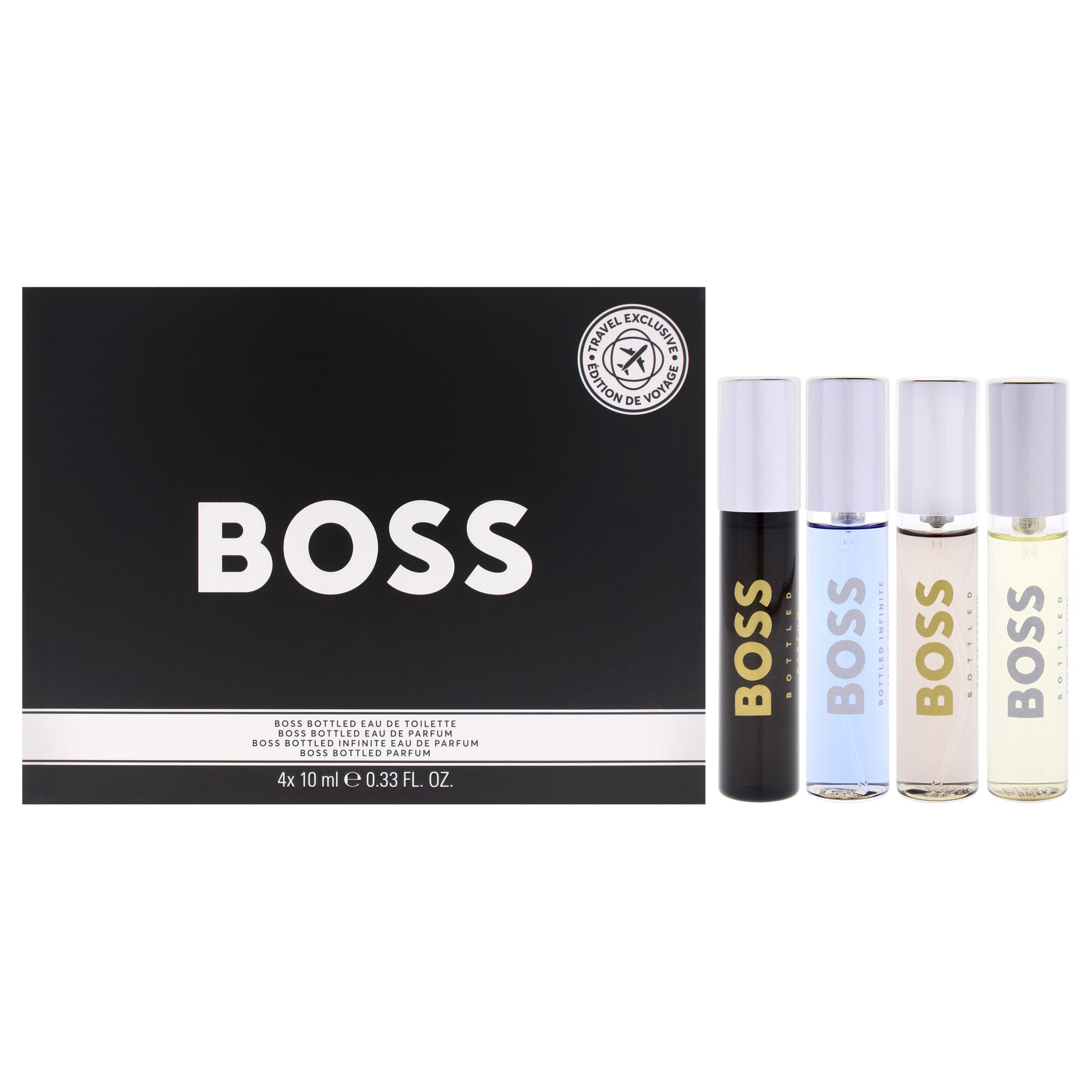 Boss Bottled by Hugo Boss for Men - 4 Pc Mini Gift Set 0.33oz Bottled EDT Spray, 0.33oz Bottled Infinite EDP Spray, 0.33oz Bottled EDP Spray, 0.33oz Bottled Parfum Spray