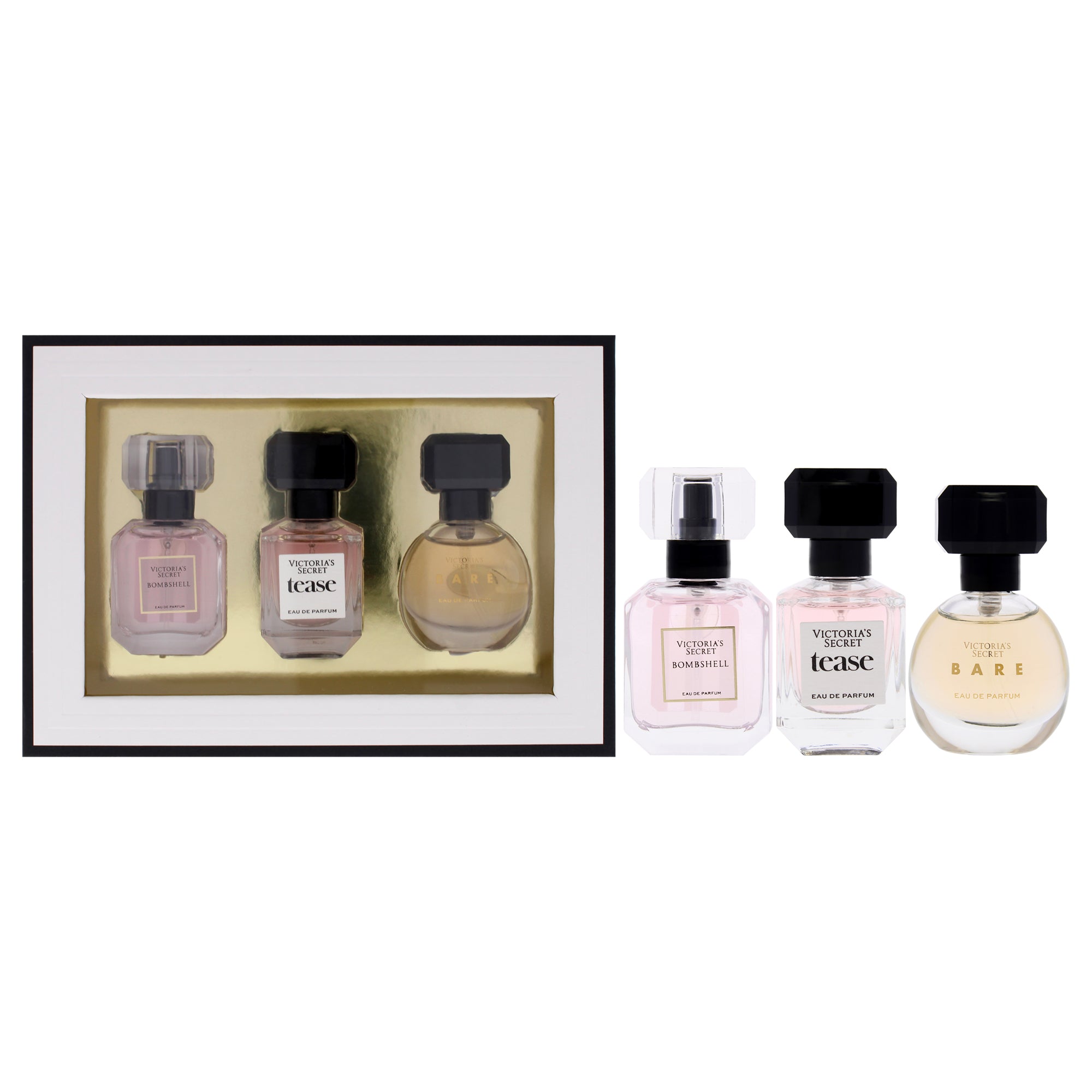 Victorias Secret by Victorias Secret for Women - 3 Pc Mini Gift Set 0.25oz Bombshell EDP Spray, 0.25oz Tease EDP Spray, 0.25oz Bare EDP Spray