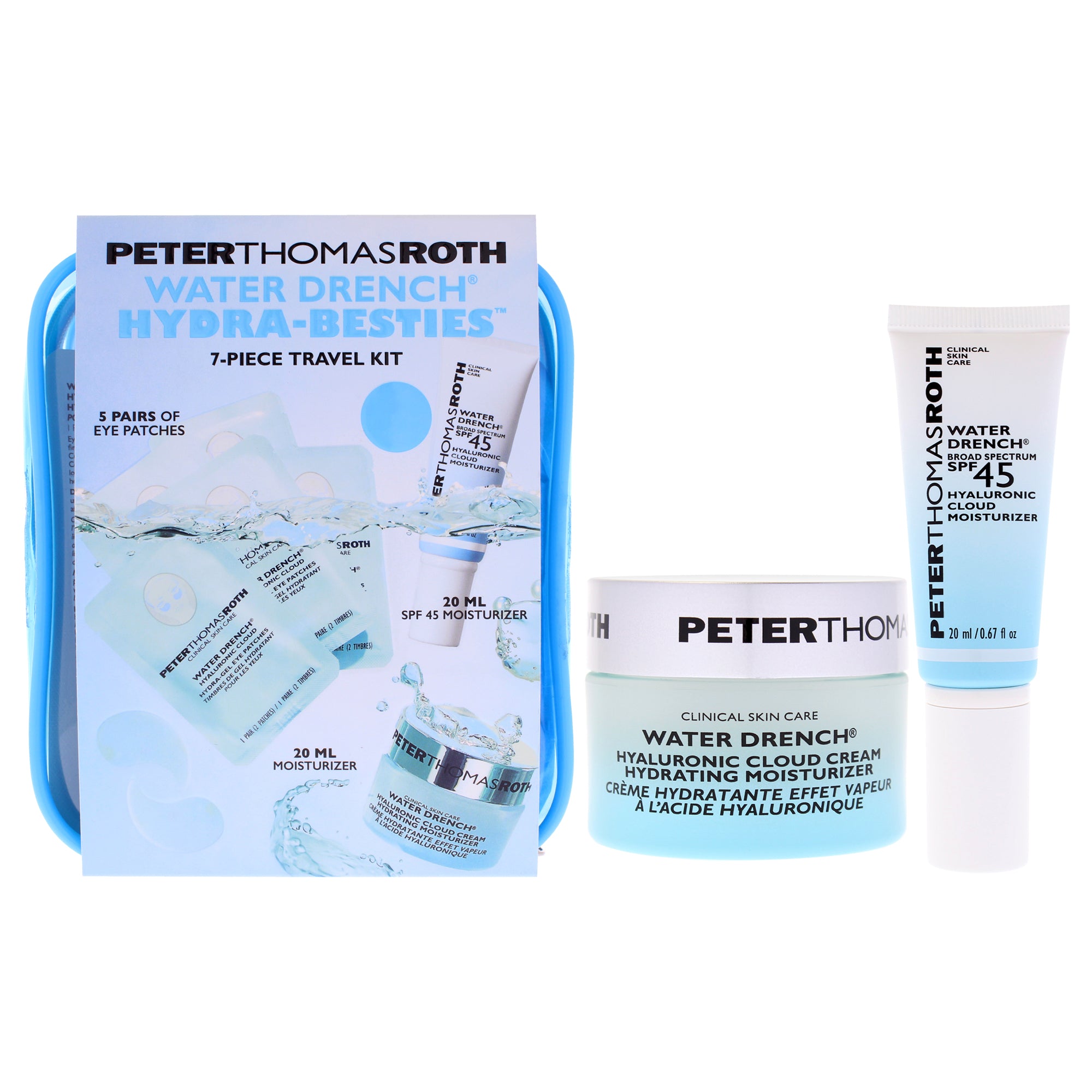 Water Drench Hydra-Besties Travel Kit by Peter Thomas Roth for Unisex - 7 Pc 5 Pair Water Drench Gel Eye Patches, 0.67oz Water Drench Moisturizer, 0.67oz Water Drench Broad Spectrum SPF 45 Moisturizer