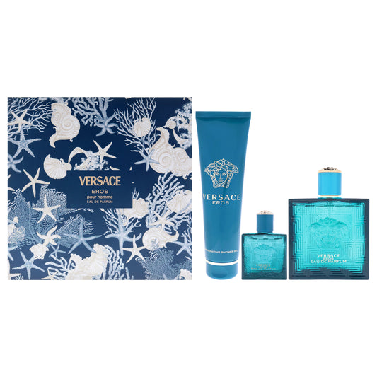 Versace Eros by Versace for Men - 3 Pc Gift Set 3.4oz EDP Spray, 0.17oz EDP Splash (Mini), 5oz Shower Gel