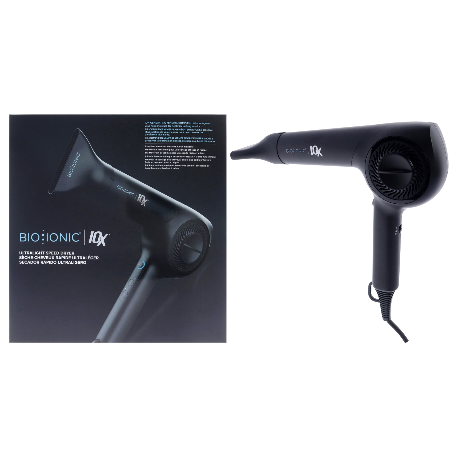 10X Ultra Light Speed Dryer Plus Comb Attacment - Black by Bio Ionic for Women - 1 Pc Hair Dryer