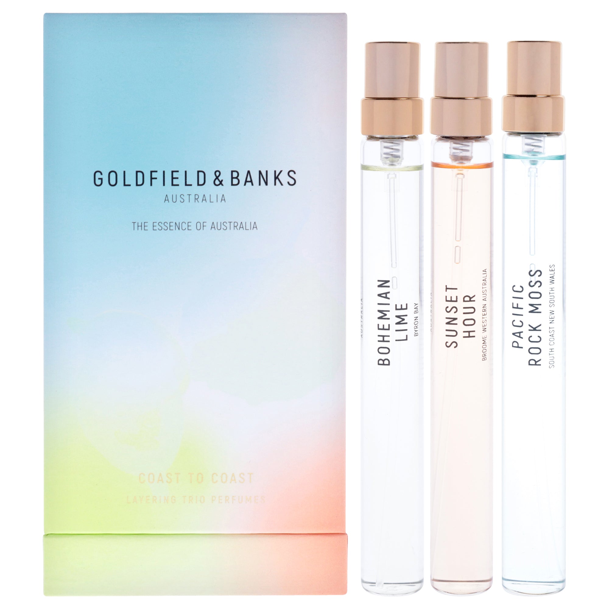 Coast To Coast by Goldfield & Banks for Unisex - 3 Pc Mini Gift Set 0.34oz Pacific Rock Moss EDP Spray, 0.34oz Bohemian Lime EDP Spray, 0.34oz Sunset Hour EDP Spray