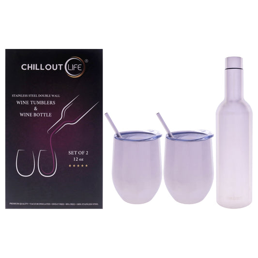 Stainless Steel Insulated Wine Tumbler and Wine Bottle - Silver by Chillout Life for Unisex - 3 Pc 2 x 12oz Stainless Steel Wine Tumbler, 2 Stainless Steel Straw, 2 Crystal Clear Splash Proof Lid, 2 Silicone Straw Tips, Straw Cleaning Brush, 25oz Sta