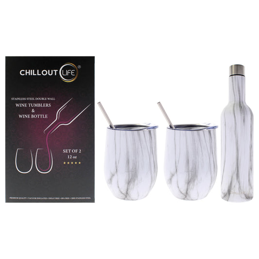 Stainless Steel Double Wall Wine Tumbler and Wine Bottle - Carrara Marble by Chillout Life for Unisex - 3 Pc 2 x 12oz Stainless Steel Wine Tumbler, 2 Stainless Steel Straw, 2 Crystal Clear Splash Proof Lid, 2 Silicone Straw Tips, Straw Cleaning Brush