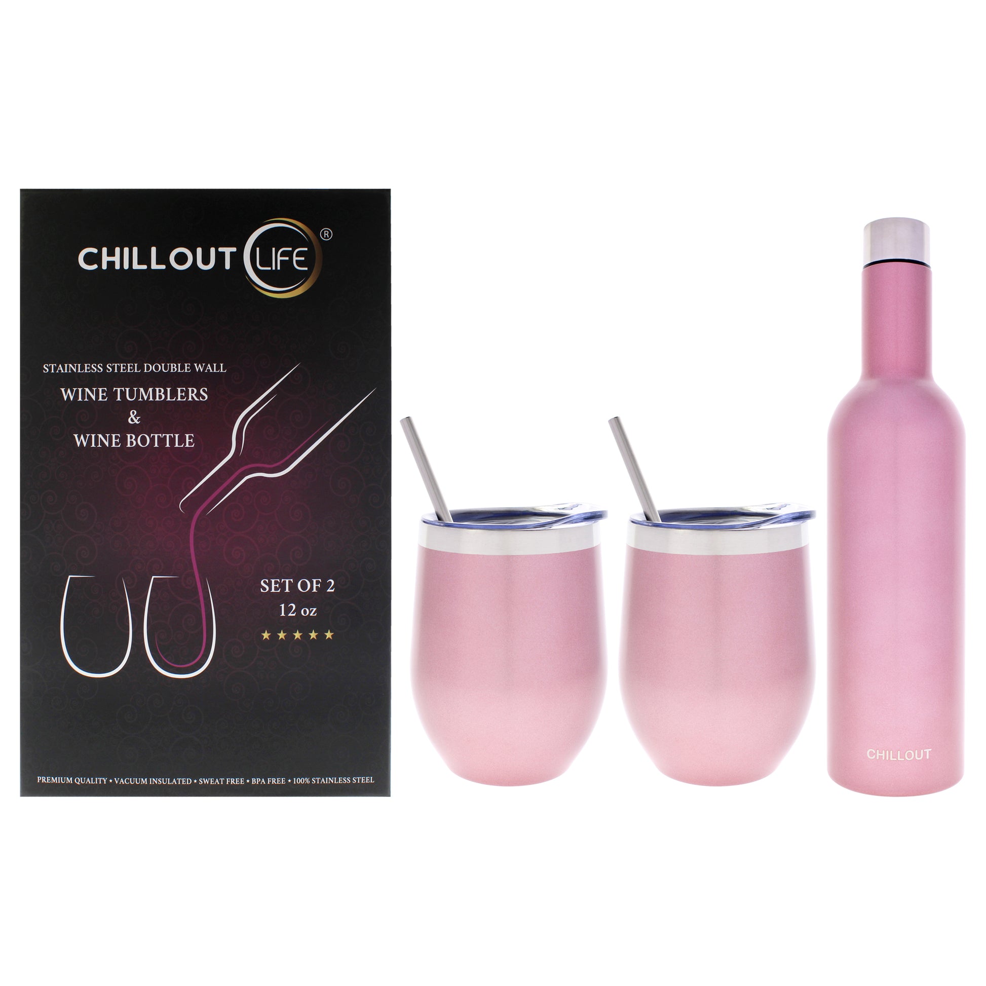 Stainless Steel Double Wall Wine Tumbler and Wine Bottle - Rose Gold by Chillout Life for Unisex - 3 Pc 2 x 12oz Stainless Steel Wine Tumbler, 2 Stainless Steel Straw, 2 Crystal Clear Splash Proof Lid, 2 Silicone Straw Tips, Straw Cleaning Brush, 25o