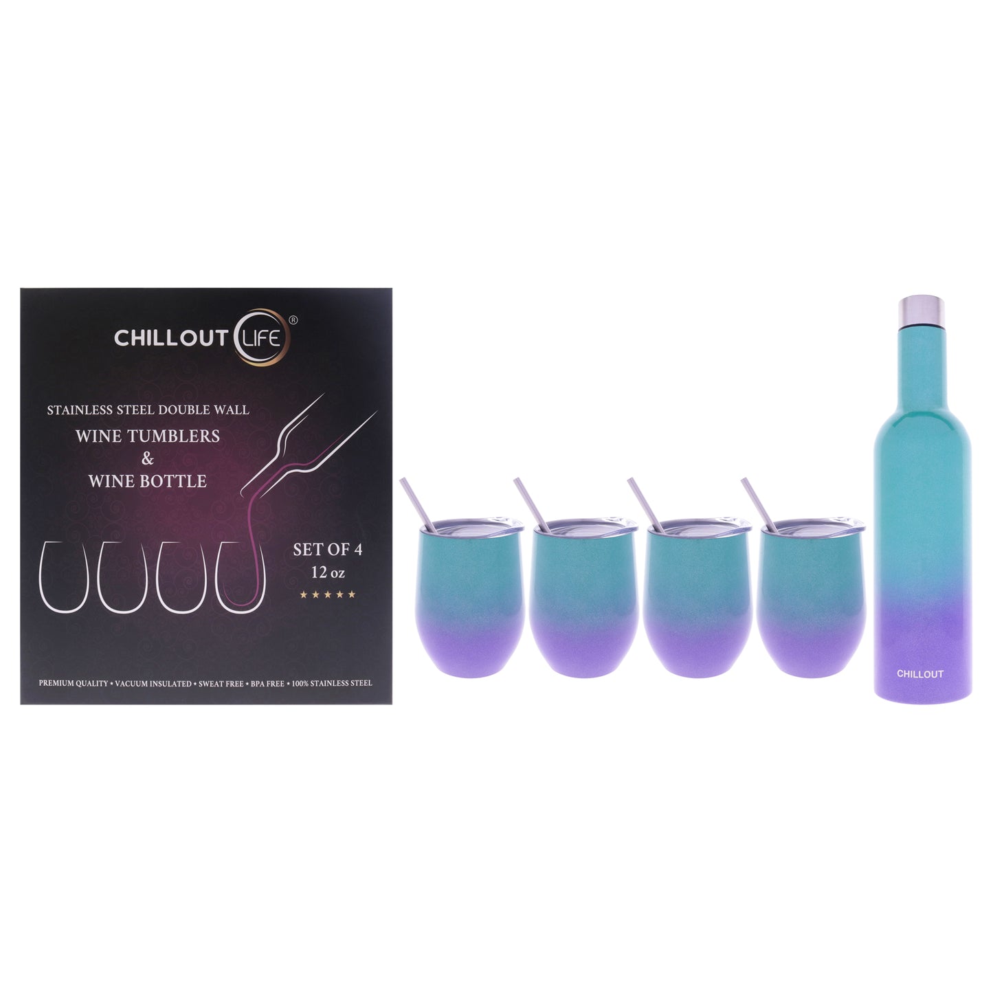 Stainless Steel Double Wall Wine Tumbler and Wine Bottle - Mermaid Sparkle by Chillout Life for Unisex - 5 Pc 4 x 12oz Stainless Steel Wine Tumbler, 4 Stainless Steel Straw, 4 Crystal Clear Splash Proof Lid, 4 Silicone Straw Tips, 2 Straw Cleaning Br