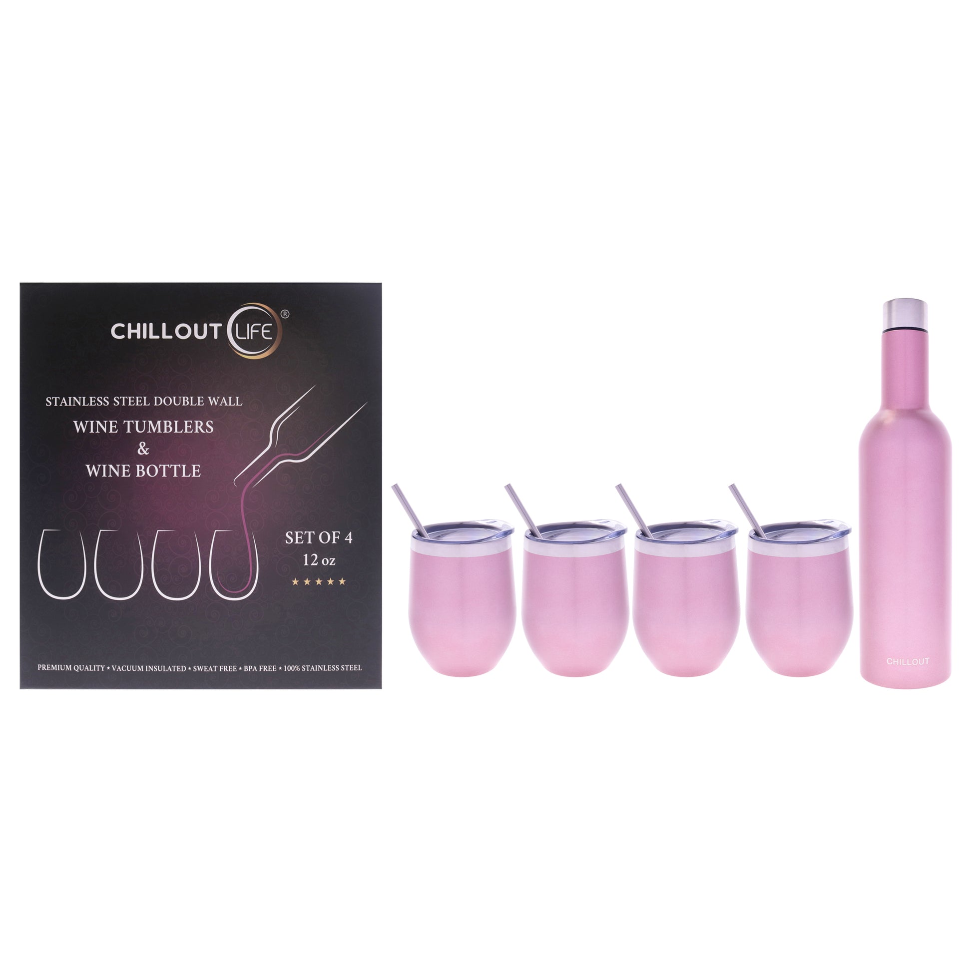 Stainless Steel Double Wall Wine Tumbler and Wine Bottle - Rose Gold by Chillout Life for Unisex - 5 Pc 4 x 12oz Stainless Steel Wine Tumbler, 4 Stainless Steel Straw, 4 Crystal Clear Splash Proof Lid, 4 Silicone Straw Tips, 2 Straw Cleaning Brush, 2