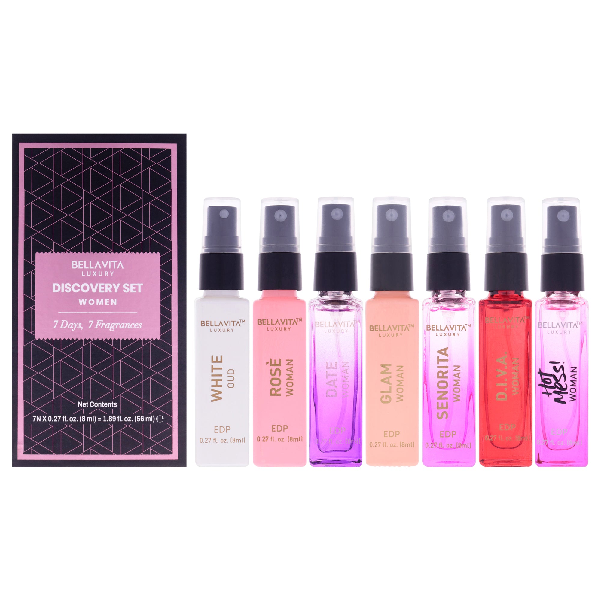 Discovery Set by Bellavita for Women - 7 Pc Mini Gift Set 0.27oz Rose EDP Spray, 0.27oz Glam EDP Spray, 0.27oz Date EDP Spray, 0.27oz Senorita EDP Spray, 0.27oz D.i.v.a. EDP Spray, 0.27oz Hot Mess EDP Spray, 0.27oz White Oud EDP Spray