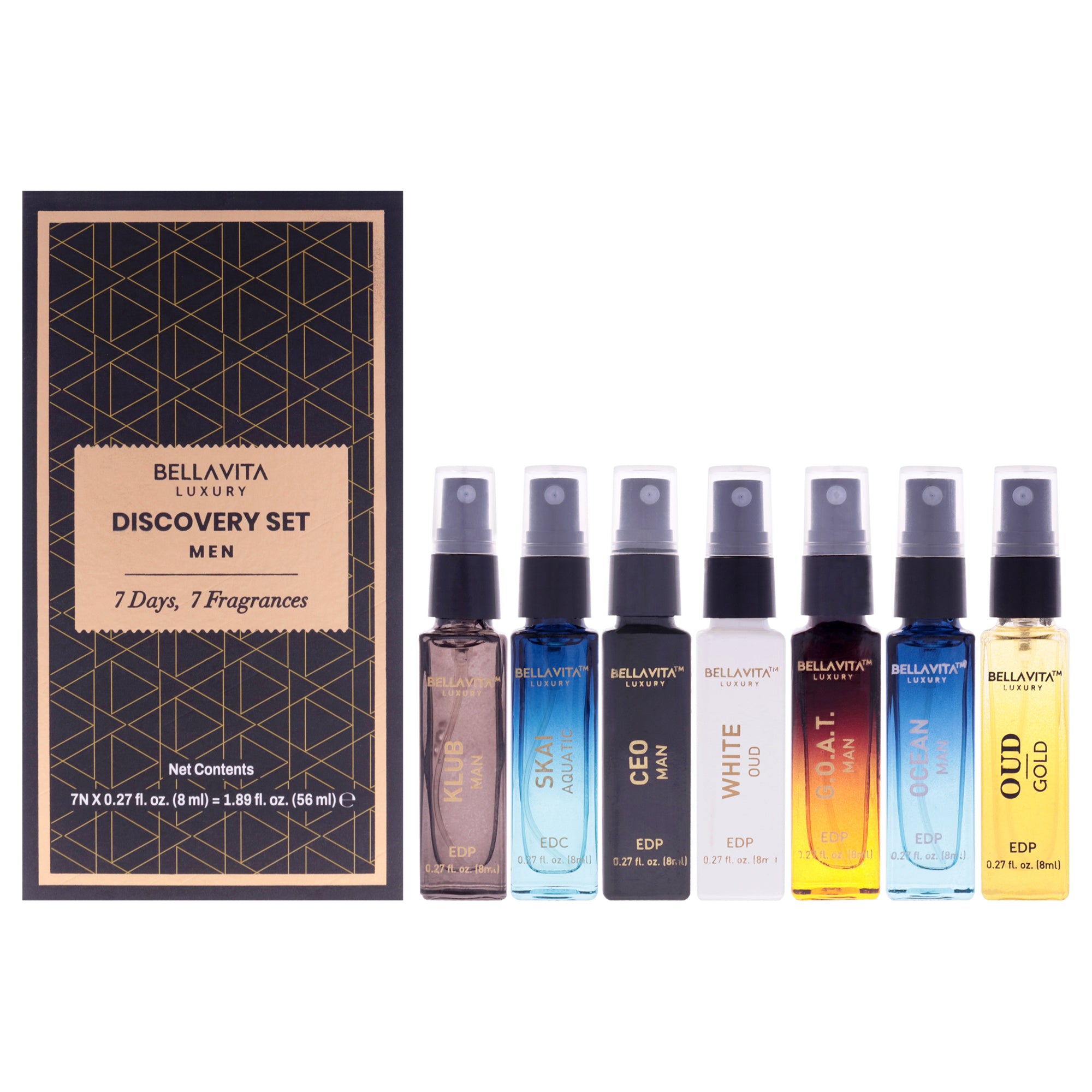 Discovery Set by Bellavita for Men - 7 Pc Mini Gift Set 0.27oz G.o.a.t. EDP Spray, 0.27oz Klub EDP Spray, 0.27oz Gold Oud EDP Spray, 0.27oz Ceo EDP Spray, 0.27oz Skai Aquatic EDP Spray, 0.27oz Ocean EDP Spray, 0.27oz White Oud EDP Spray