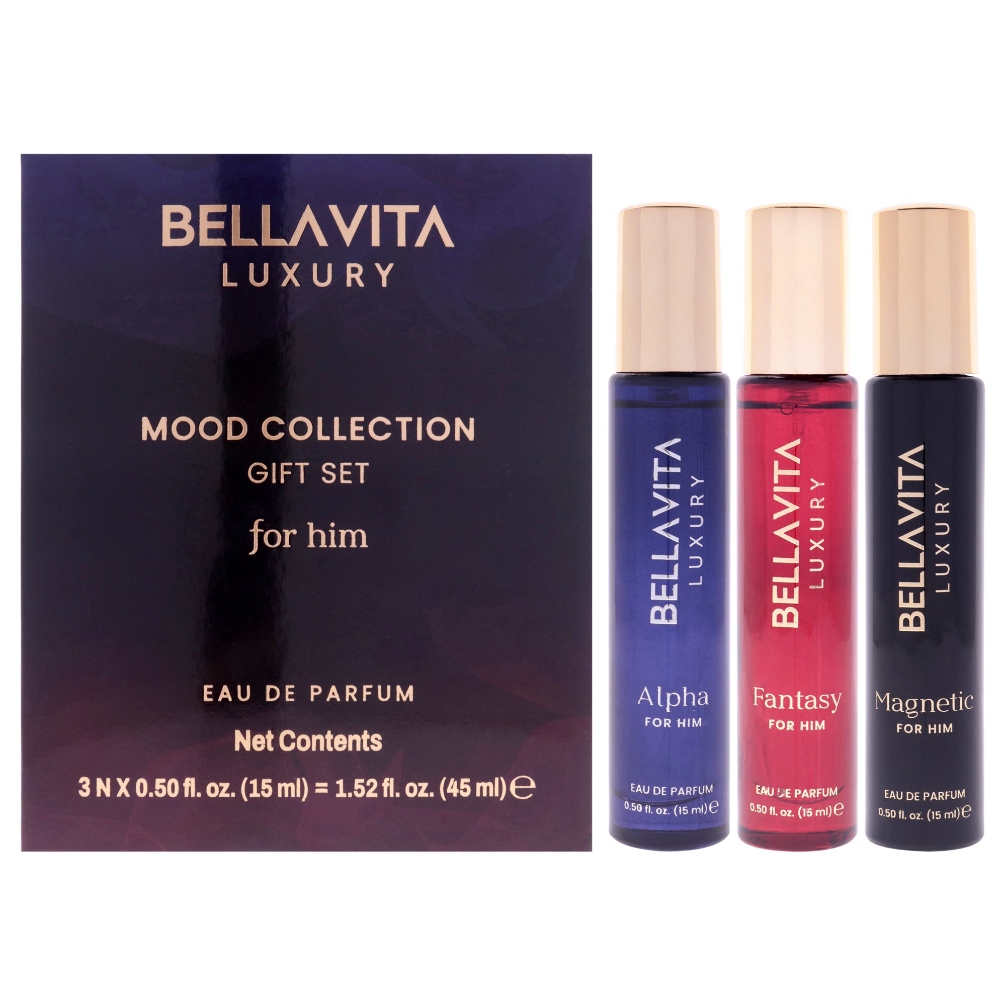 Mood Collection Gift Set for Him by Bellavita for Men - 3 Pc Gift Set 0.5oz Alpha EDP Spray, 0.5oz Fantasy EDP Spray, 0.5oz Magnetic EDP Spray