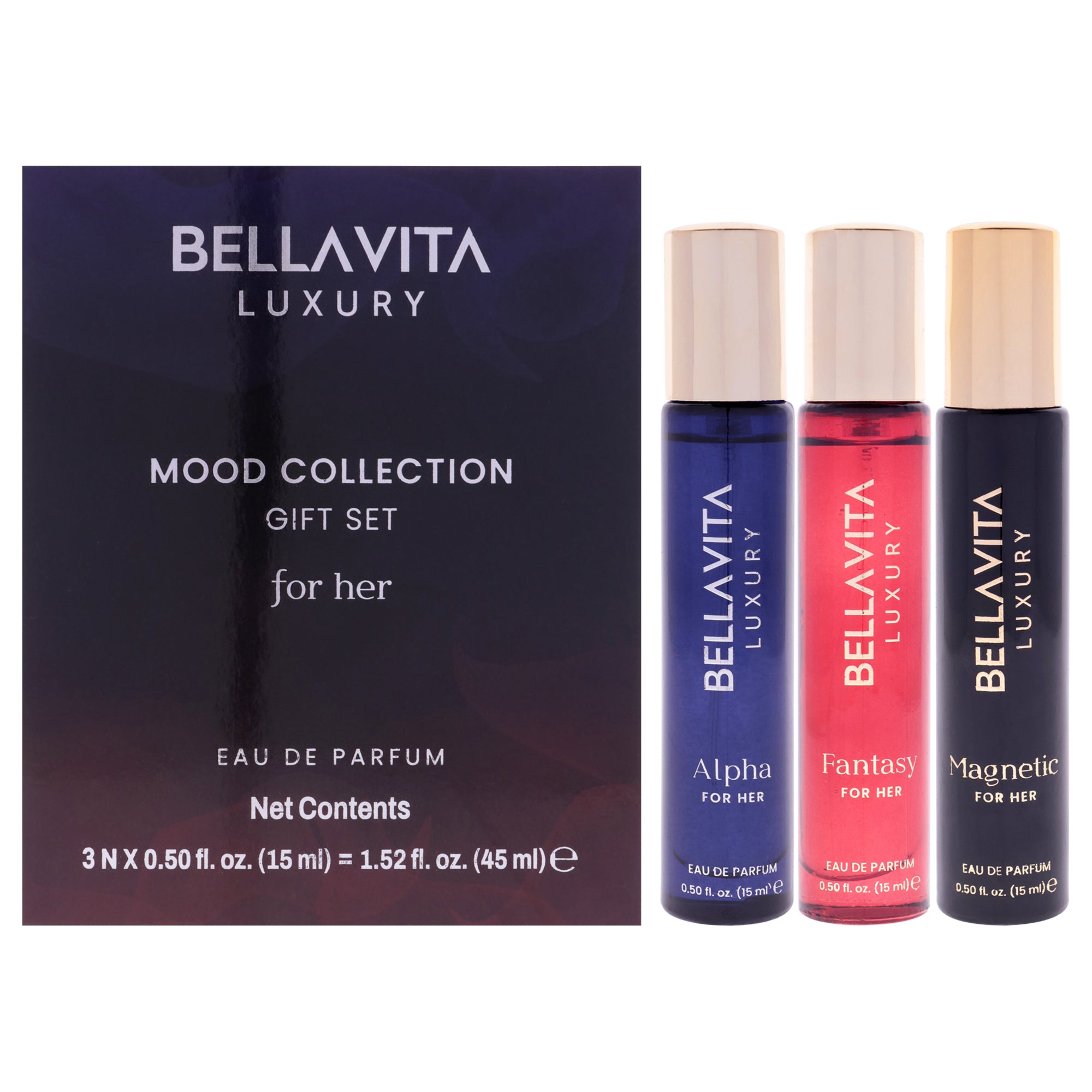 Mood Collection Gift Set for Her by Bellavita for Women - 3 Pc Gift Set 0.5oz Alpha EDP Spray, 0.5oz Fantasy EDP Spray, 0.5oz Magnetic EDP Spray