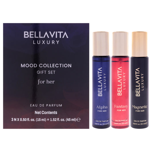 Mood Collection Gift Set for Her by Bellavita for Women - 3 Pc Gift Set 0.5oz Alpha EDP Spray, 0.5oz Fantasy EDP Spray, 0.5oz Magnetic EDP Spray