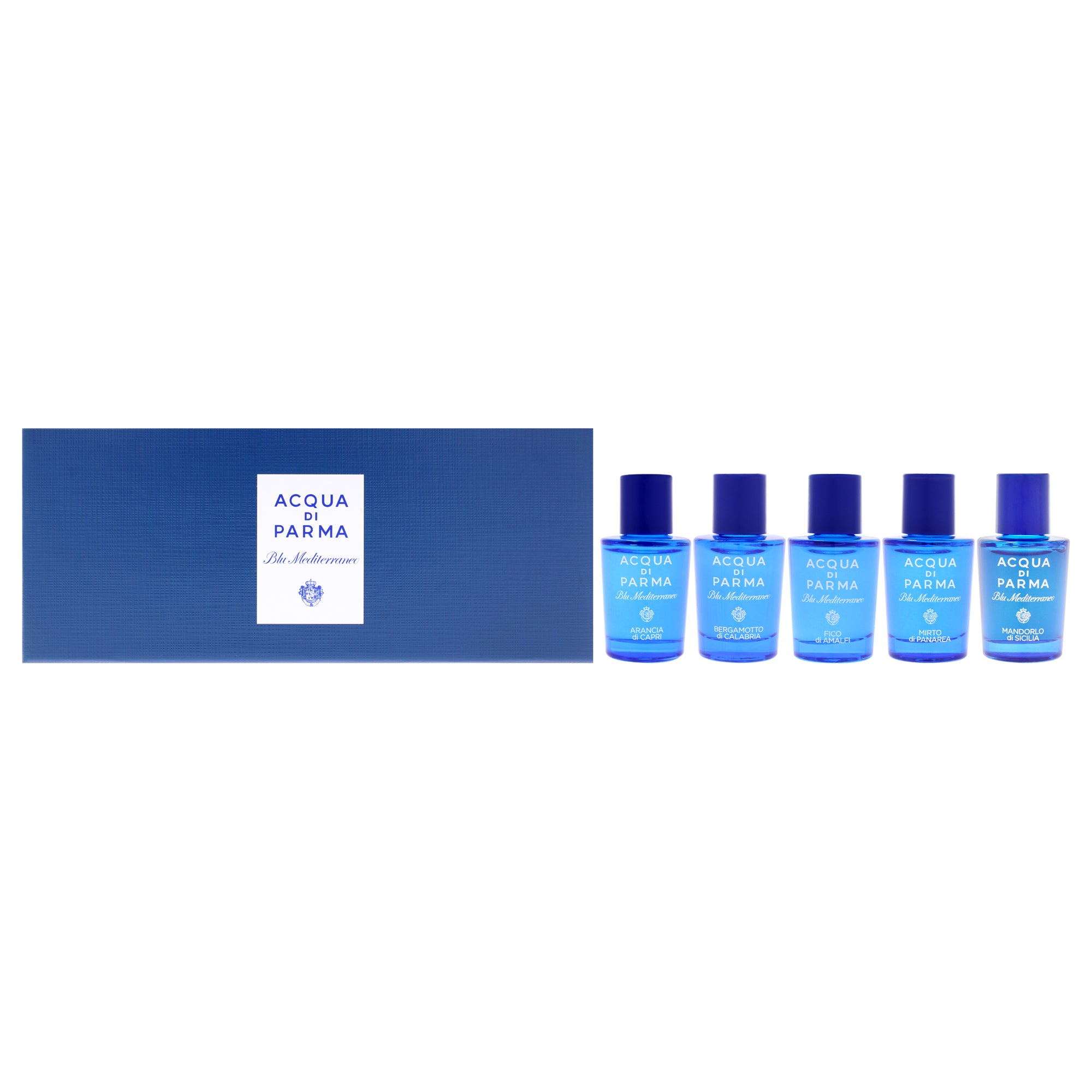 Blu Mediterraneo by Acqua Di Parma for Unisex - 5 Pc Mini Gift Set 0.16oz Arancia di Capri EDT Spray, 0.16oz Bergamotto di Calabria EDT Spray, 0.16oz Fico di Amalfi EDT Spray, 0.16oz Mirto di Panarea EDT Spray, 0.16oz Mandorlo Di Sicilia EDT Spray