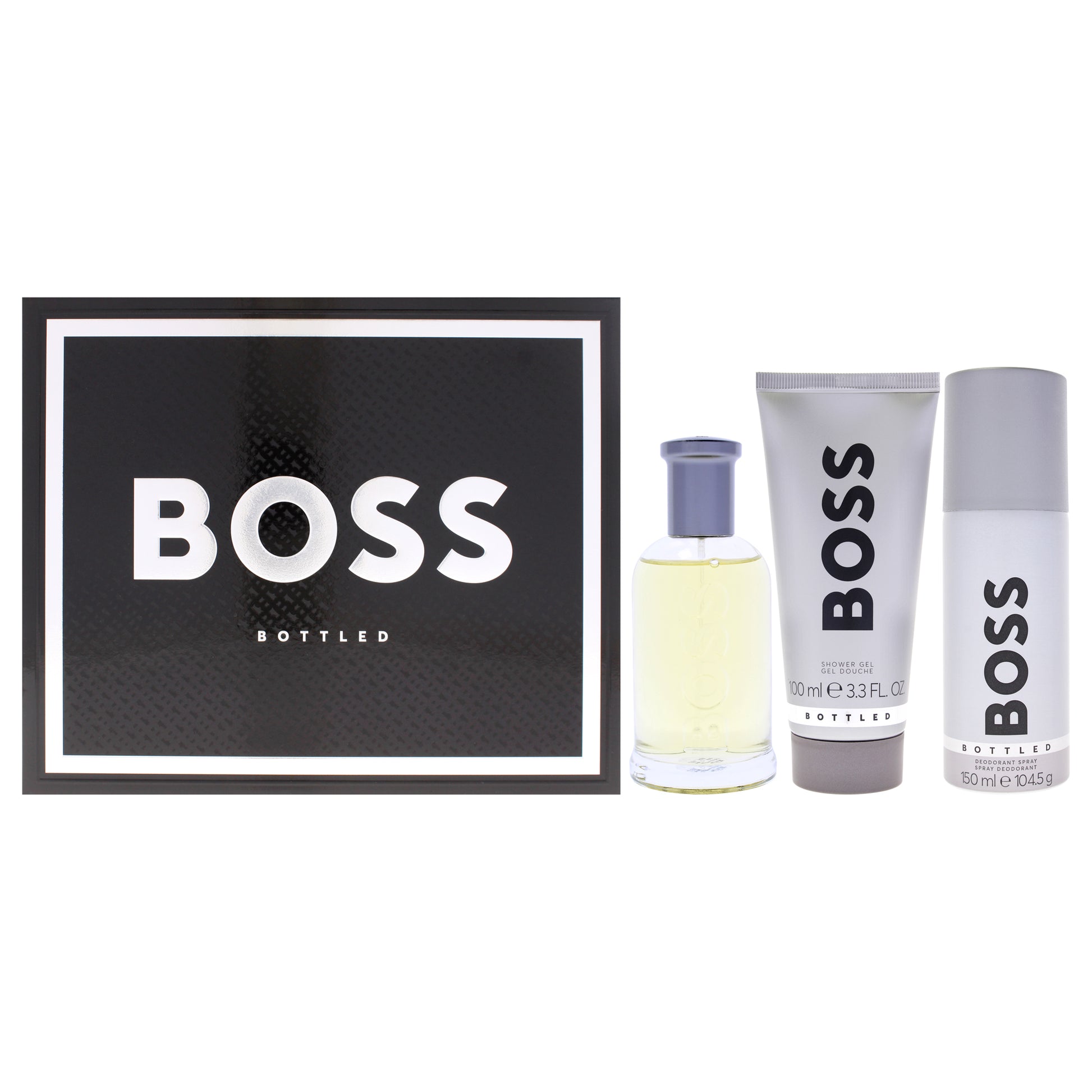 Boss Bottled by Hugo Boss for Men - 3 Pc Gift Set 3.3oz EDT Spray, 3.3oz Shower Gel, 5.1oz Deodorant Spray