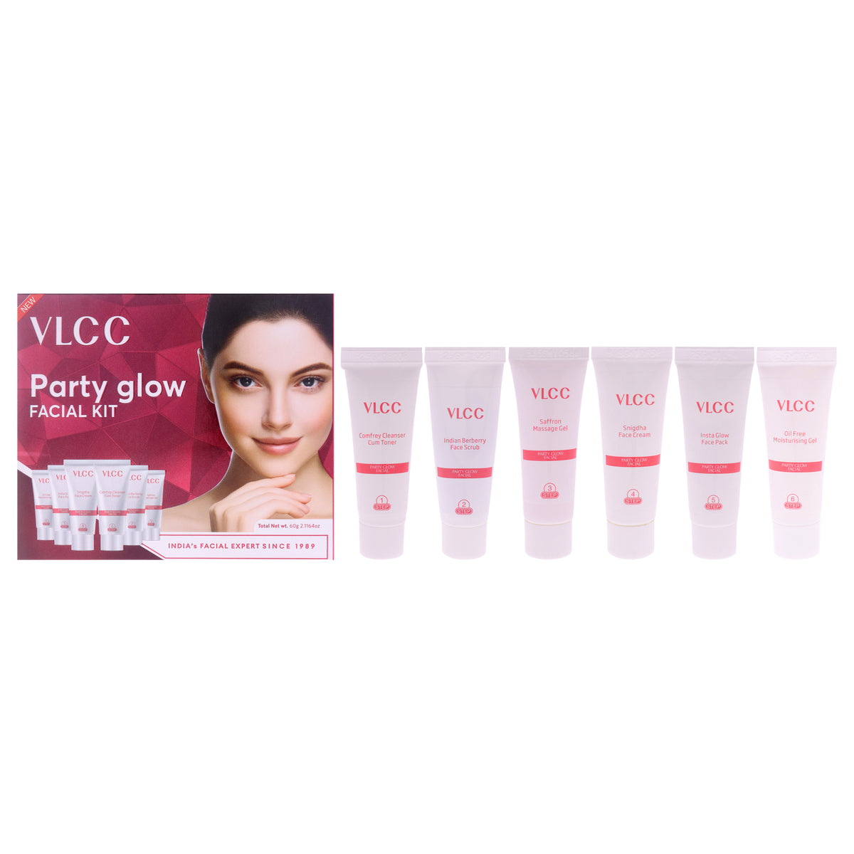 Party Glow Facial Kit by VLCC for Women - 6 Pc 0.35oz Comfrey Cleanser Cum Toner, 0.35oz Indian Berberry Face Scrub, 0.35oz Saffron Massage Gel, 0.35oz Snigdha Face Cream, 0.35oz Insta Glow Face Pack, 0.35oz Oil Free Moisturising Gel