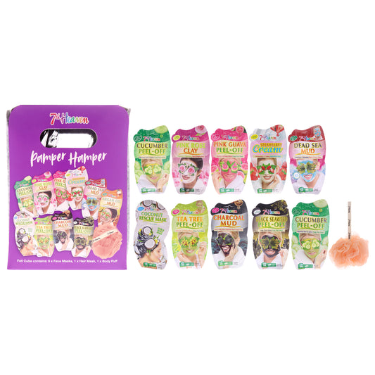 Pamper Hamper by 7th Heaven for Women - 11 Pc 0.5oz Pink Rose Clay Mask, 0.3oz Pink Guava Peel-Off Mask, 0.3oz Black Seaweed Peel-Off Mask, 0.7oz Dead Sea Mud Mask, 0.5oz Argan Oil Mud Mask, 0.5oz Charcoal Mud Mask, 0.3oz Cucumber Peel-Off Mask, 0.5o