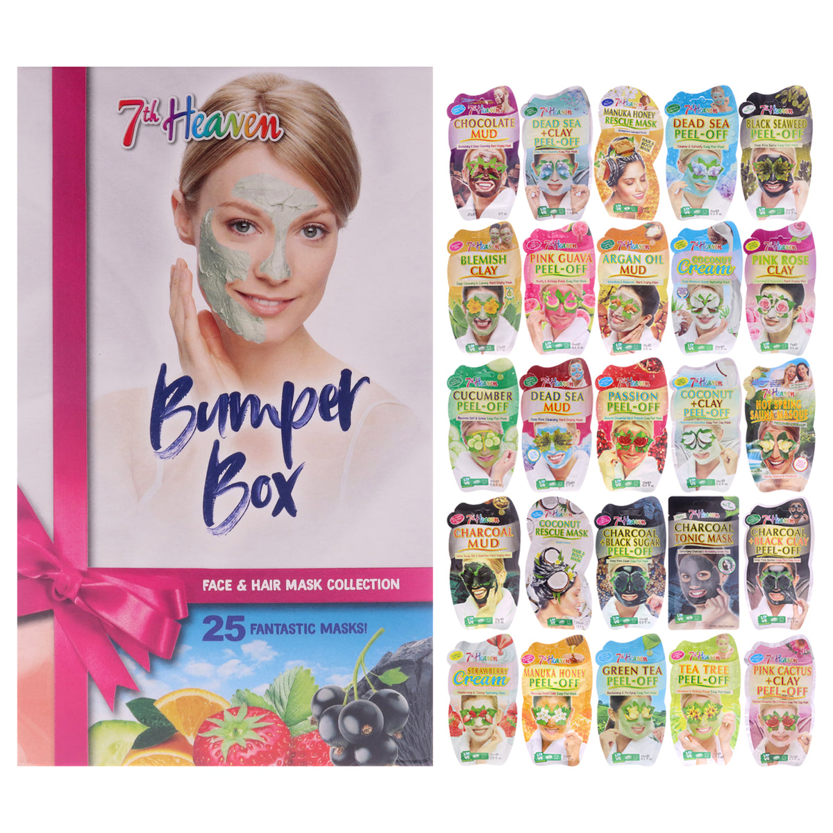 Bumper Box Pamper by 7th Heaven for Women - 25 Pc 0.3oz Dead Peel-Off Mask, 0.3oz Passion Peel-Off Mask, 0.3oz Pink Guava Peel-Off Mask, 0.3oz Green Tea Peel-Off Mask, 0.3oz Black Seawees Pee-Off Mask, 0.3oz Tea Tree Peel-Off Mask, 0.3oz Charcoal Pee