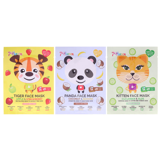 Animal Face Mask Multipack by 7th Heaven for Kids - 3 Pc Kitten Face Mask, Tiger Face Mask, Panda Face Mask