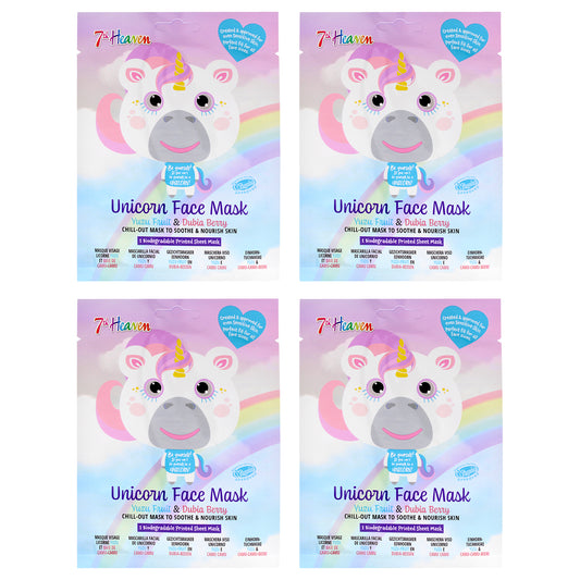 Unicorn Face Sheet Mask Multipack by 7th Heaven for Kids - 4 Pc Mask