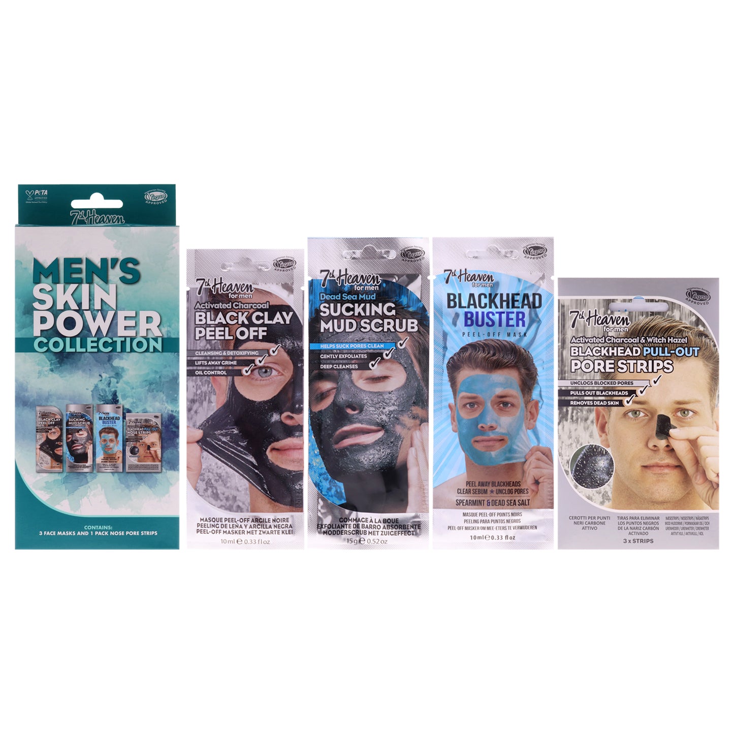Mens Skin Power Face Mask Collection 3 Pc 0.3oz Activated Charcoal Black Clay Peel Off Mask